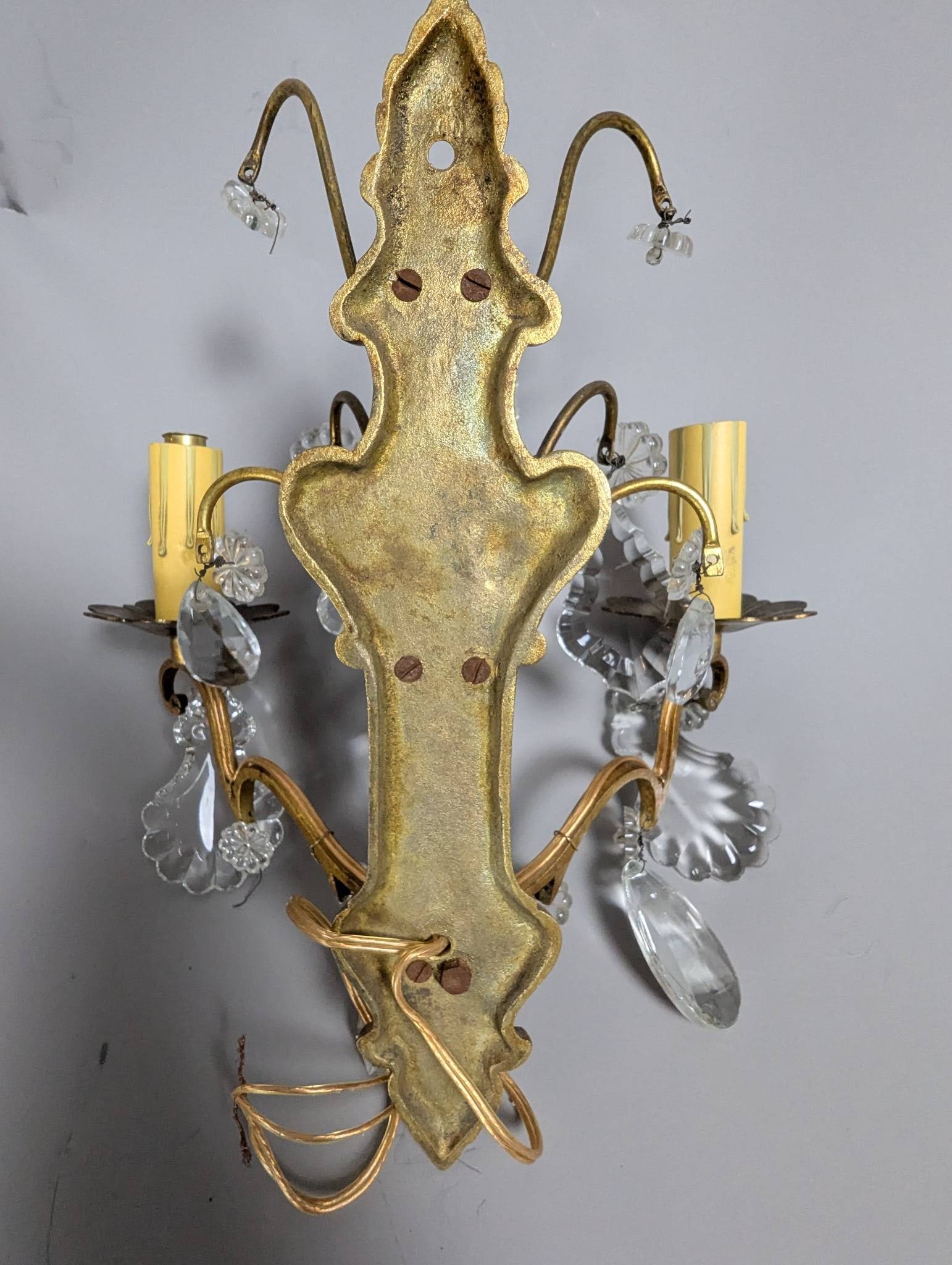 Vintage French Bronze and Crystal Wall Sconces with Candle-Style Bulb Fixtures - 8
