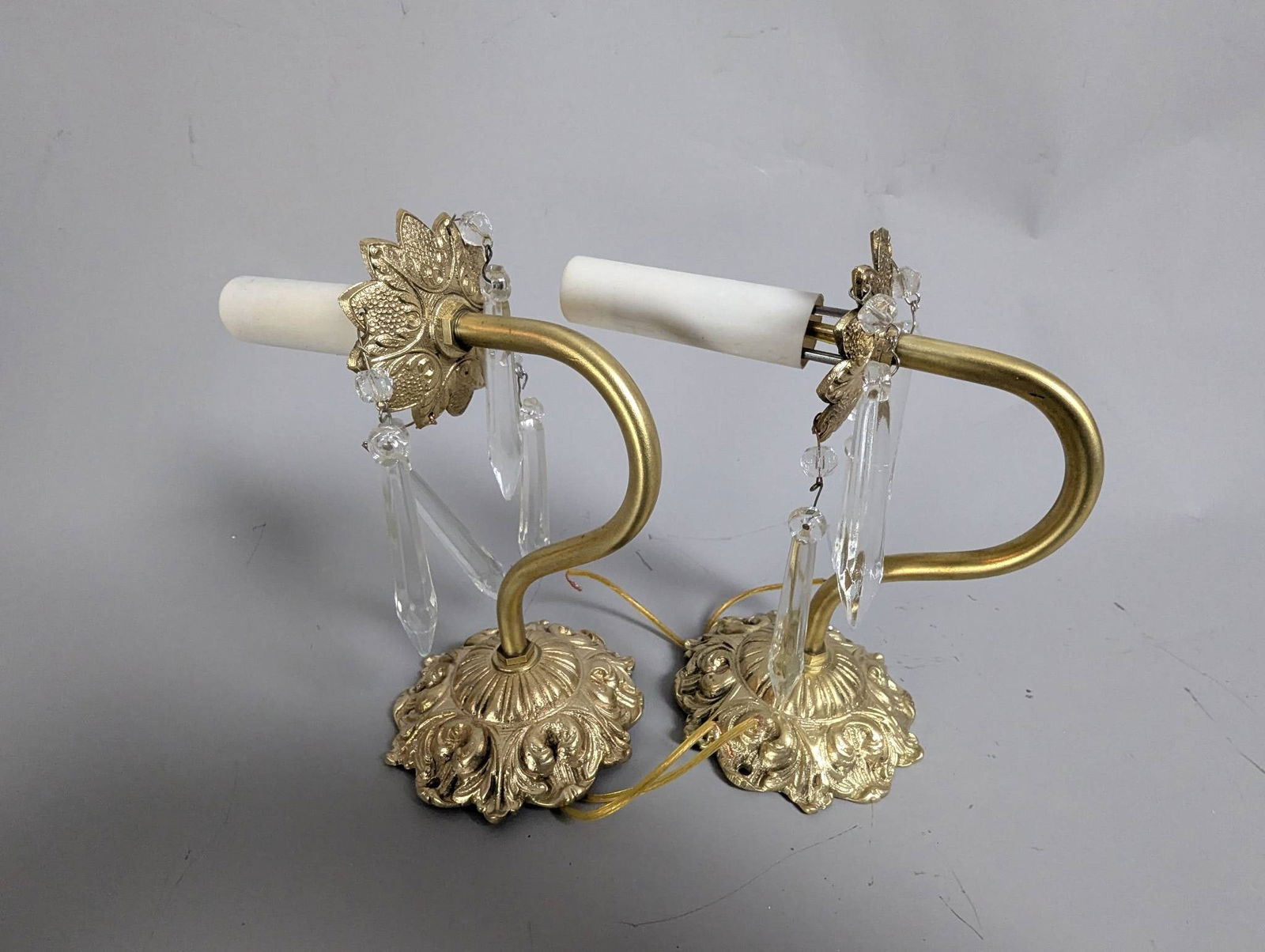 Brass Wall Sconces with Crystal Prisms in Ornate Design (1 of 5)