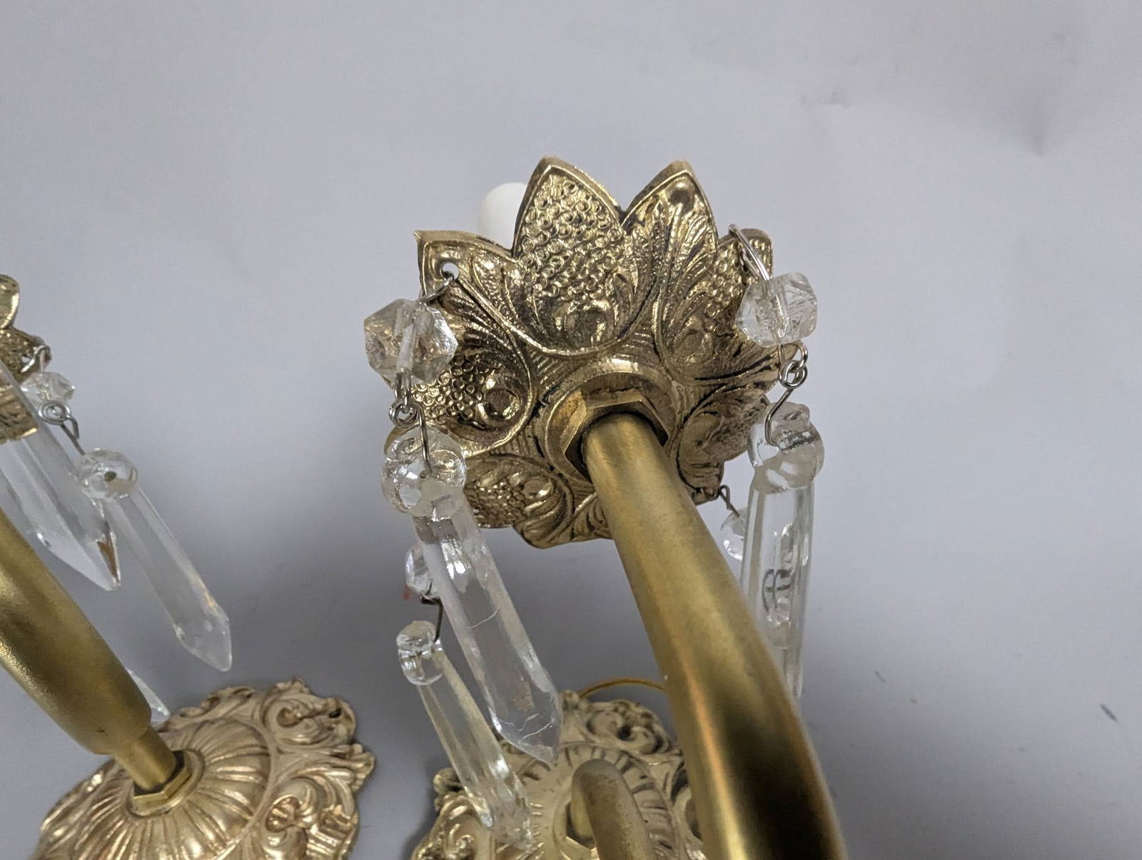 Brass Wall Sconces with Crystal Prisms in Ornate Design - 3