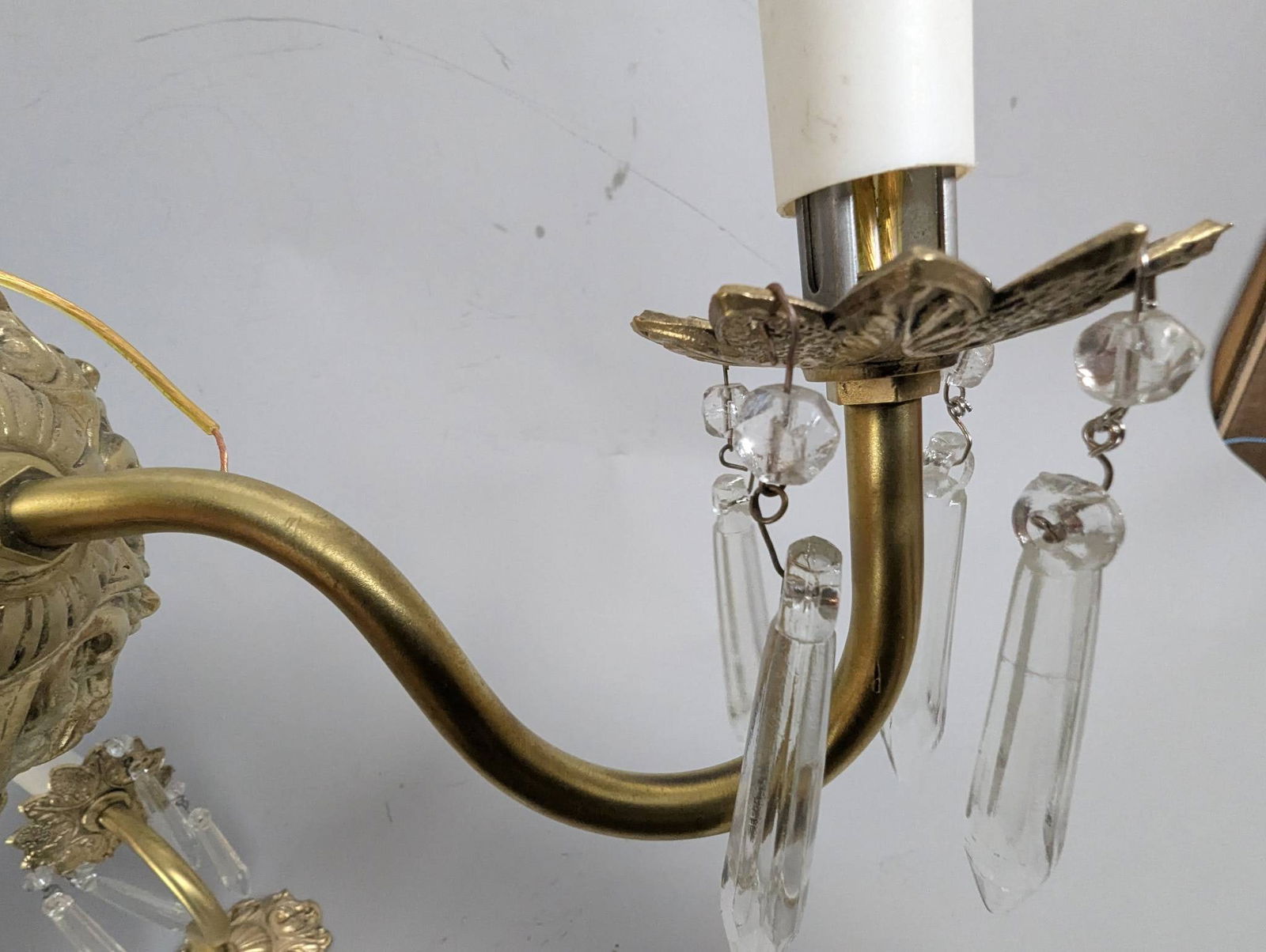 Brass Wall Sconces with Crystal Prisms in Ornate Design - 4