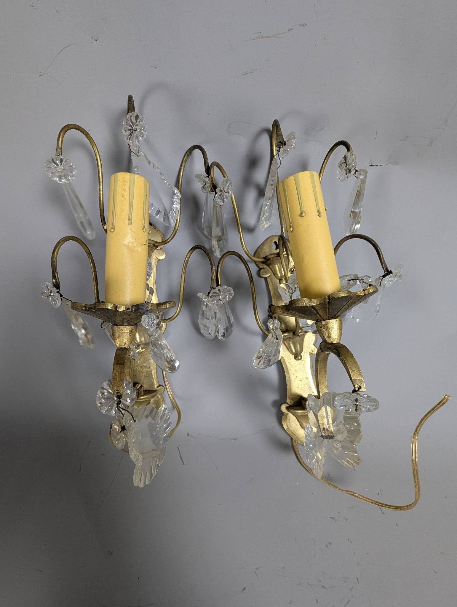 French-Style Gilt Metal and Crystal Two-Light Wall Sconces (1 of 6)