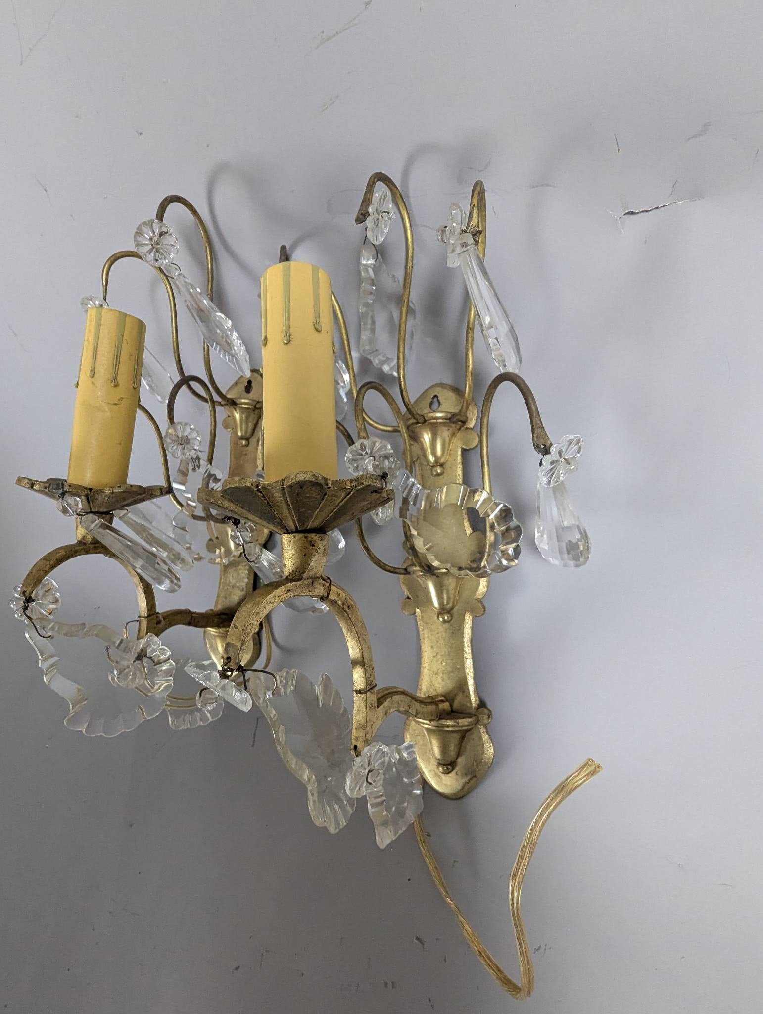 French-Style Gilt Metal and Crystal Two-Light Wall Sconces - 2