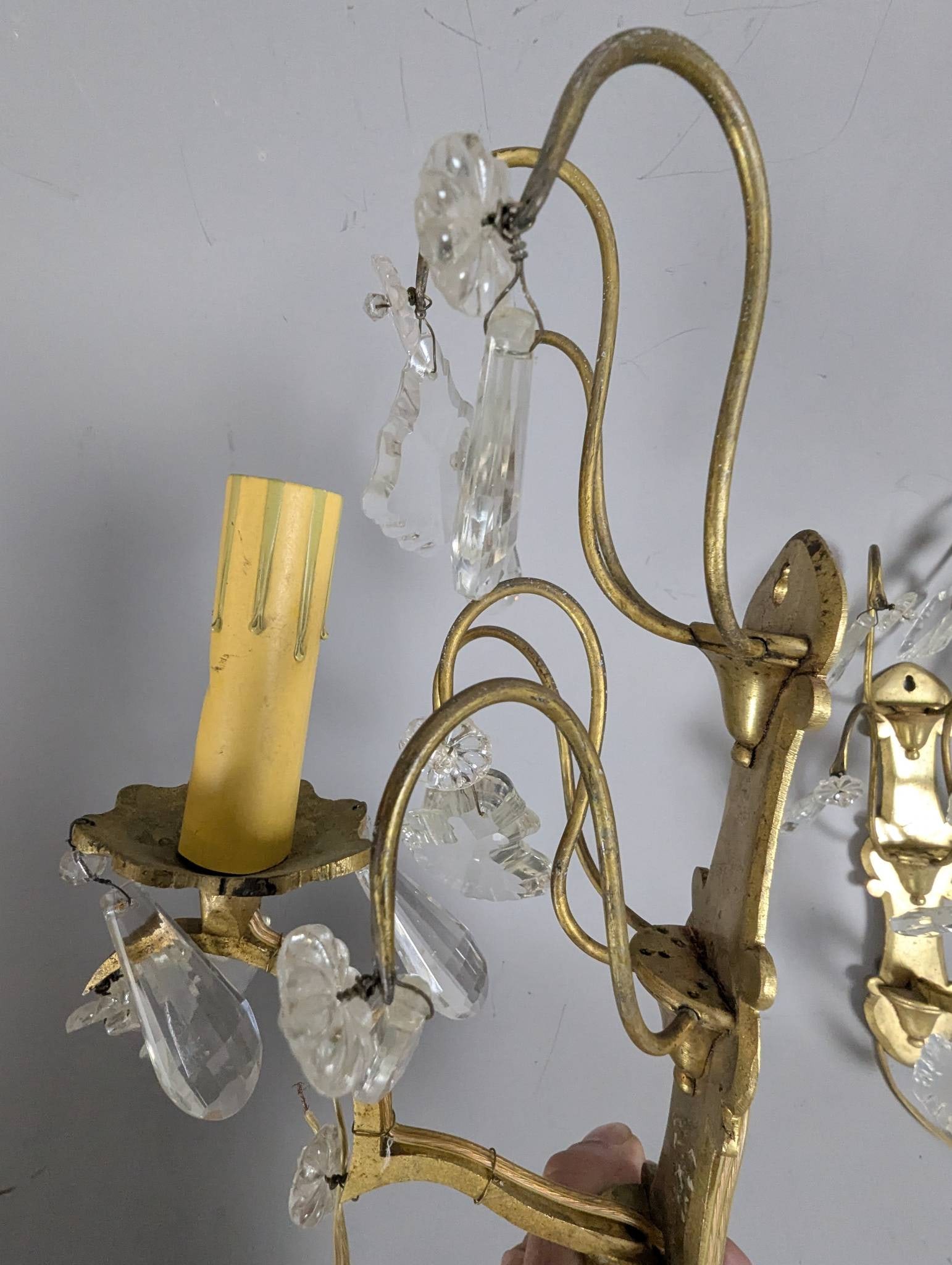 French-Style Gilt Metal and Crystal Two-Light Wall Sconces - 5