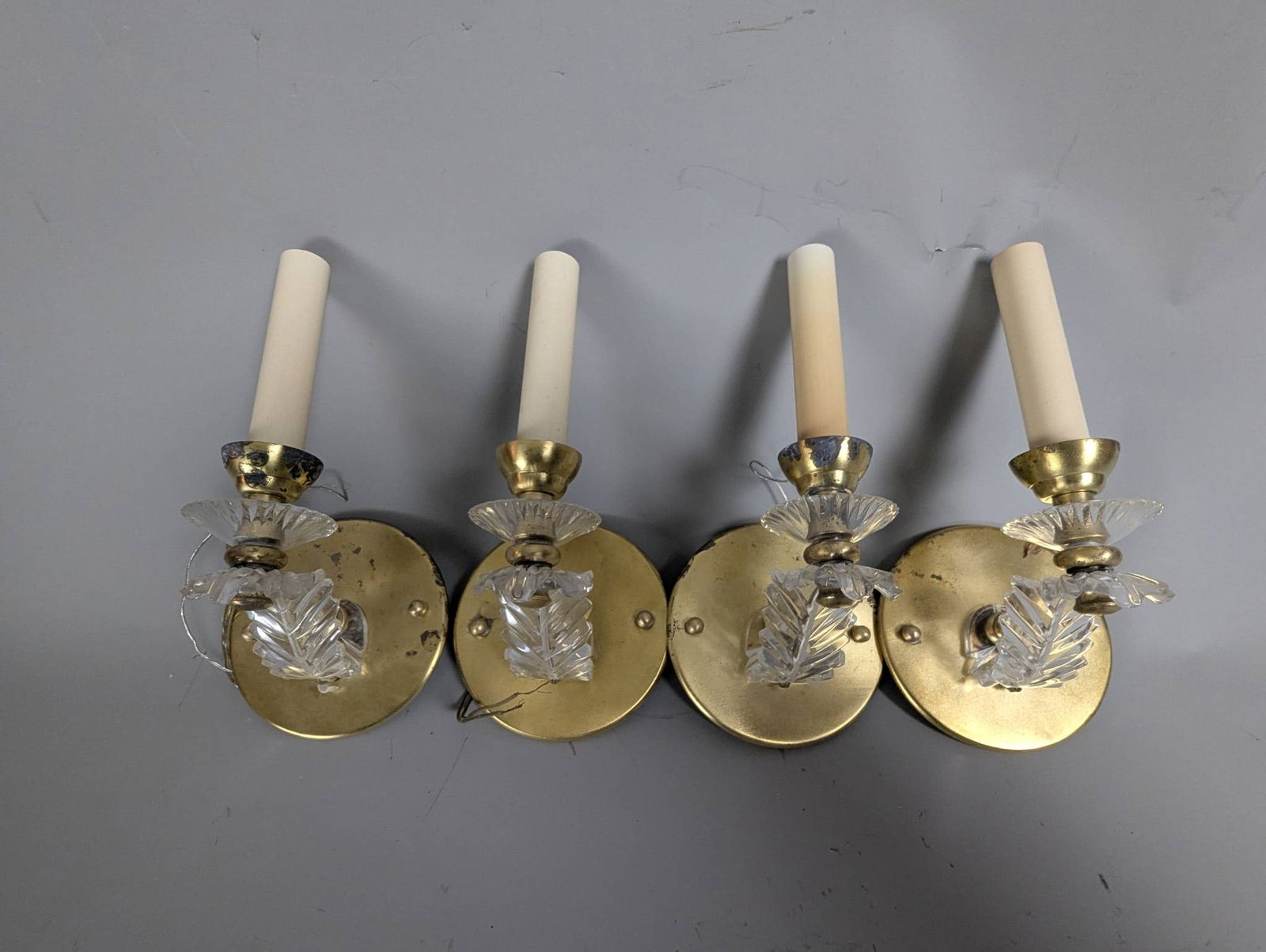 Four Vintage Brass and Crystal Wall Sconces with Decorative Leaf Prism (1 of 4)