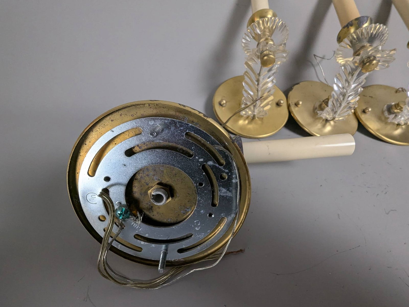 Four Vintage Brass and Crystal Wall Sconces with Decorative Leaf Prism - 4