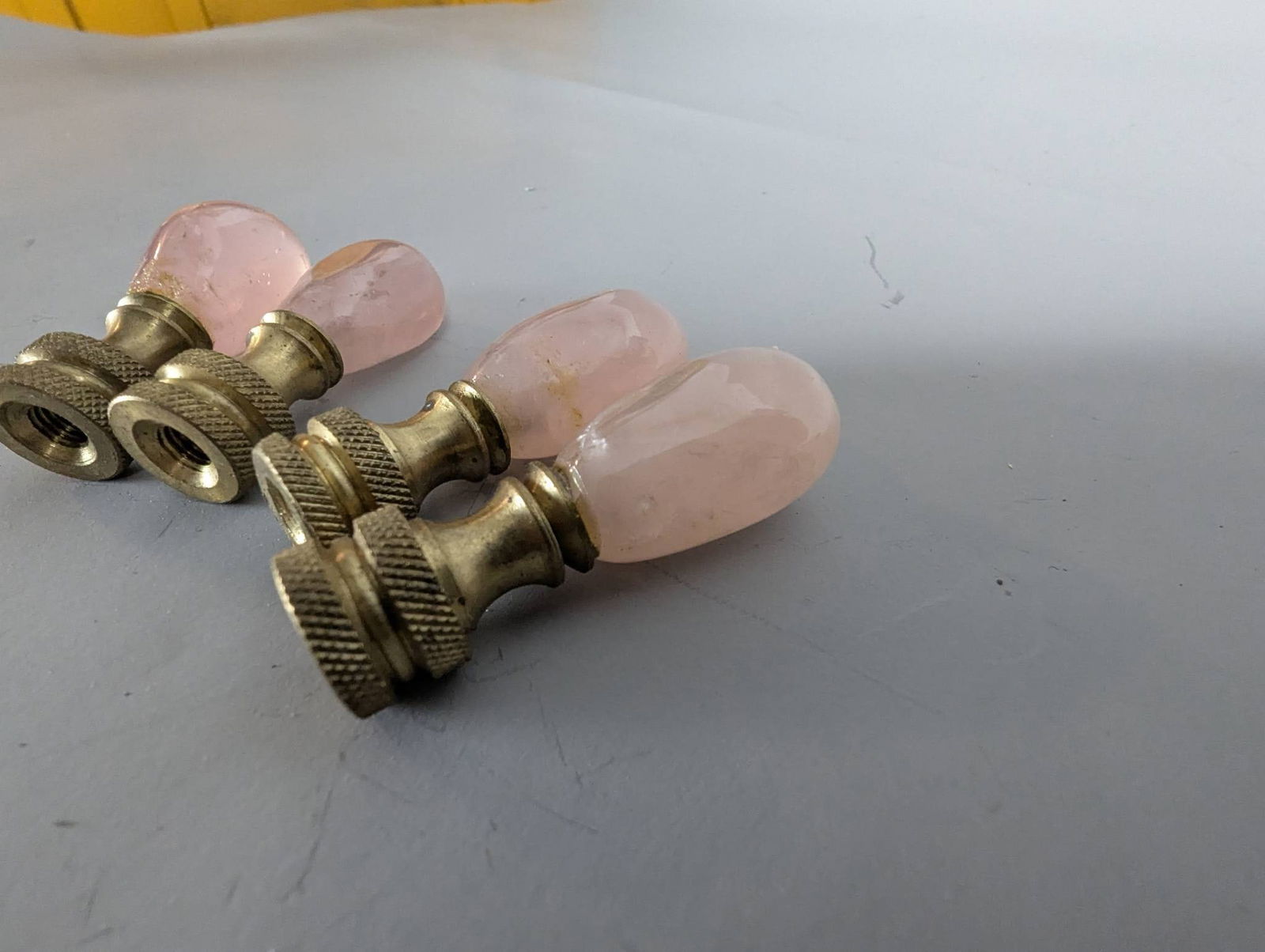 Four Rose Quartz Lamp Finials with Brass Bases - 3
