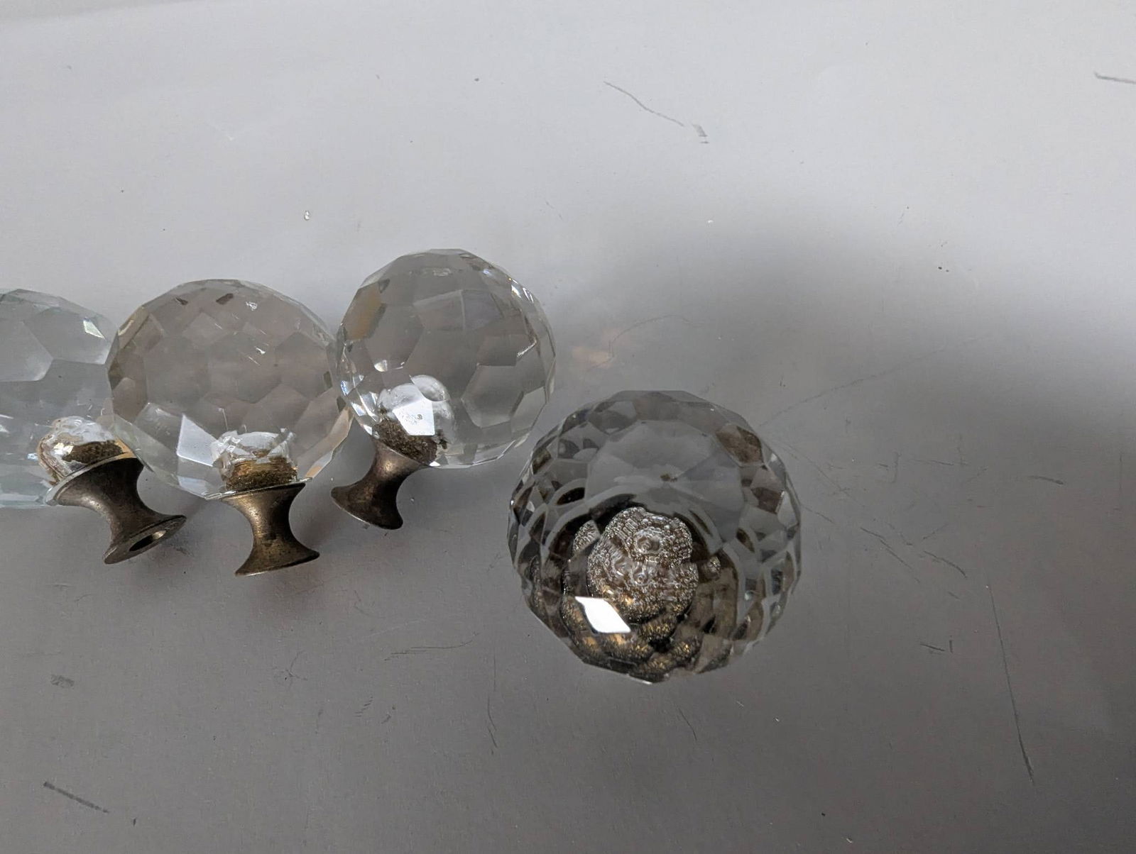 Vintage Faceted Crystal Ball Lamp Finials with Antique Brass Base - 3