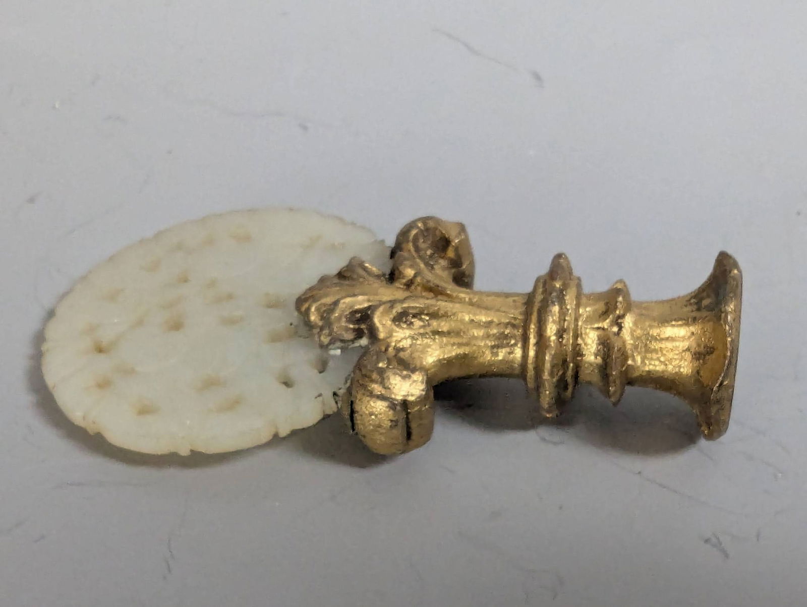 Carved Green Jade Finial with Ornate Gilt Metal Base - 3