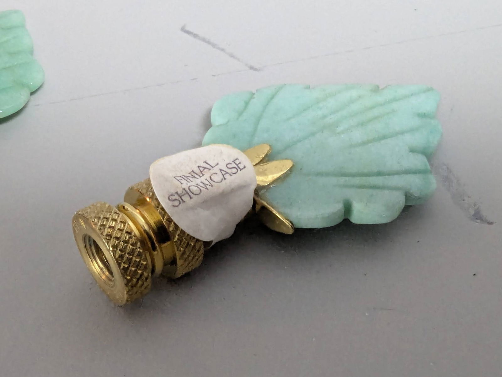 4 Polished Brass Leaf Lamp Finials with Green Jade Stone - 3