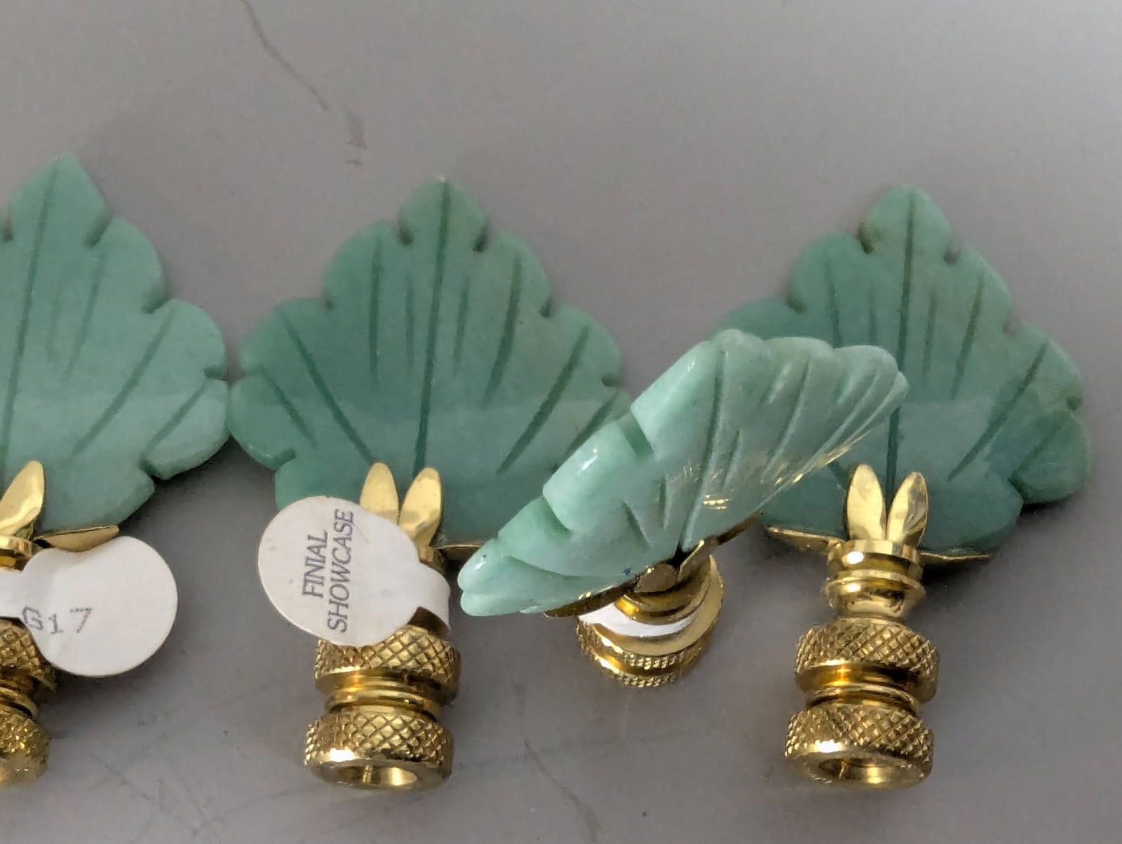 4 Polished Brass Leaf Lamp Finials with Green Jade Stone - 4