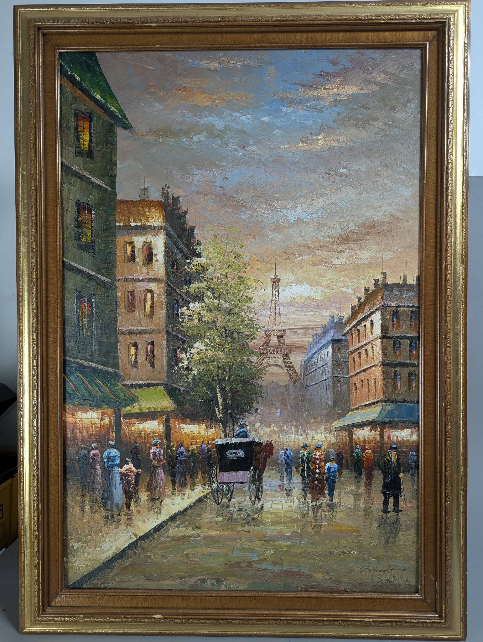 Painting Depicting a Street Scene with Eiffel Tower by Baracett: Oil painting by Baracett, depicting a bustling city street scene with pedestrians, a horse-drawn carriage, and the Eiffel Tower visible in the background. The artwork measures 30 high x 42 wide inches