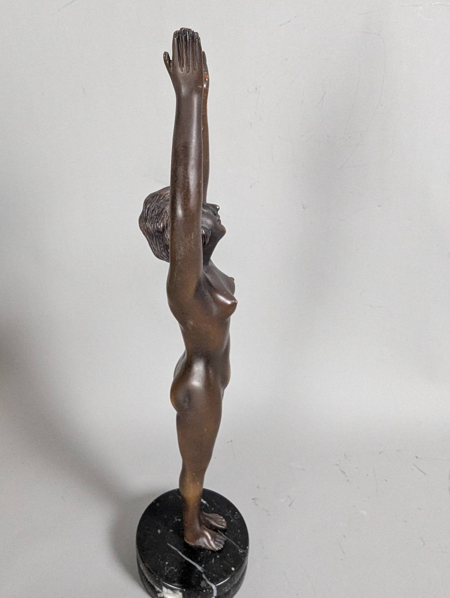 Bronze Sculpture of Nude Woman with Outstretched Arms on Black Marble Base - 3