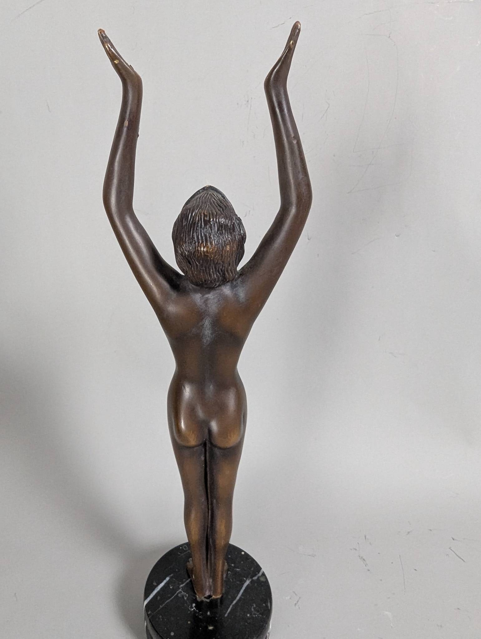 Bronze Sculpture of Nude Woman with Outstretched Arms on Black Marble Base - 4
