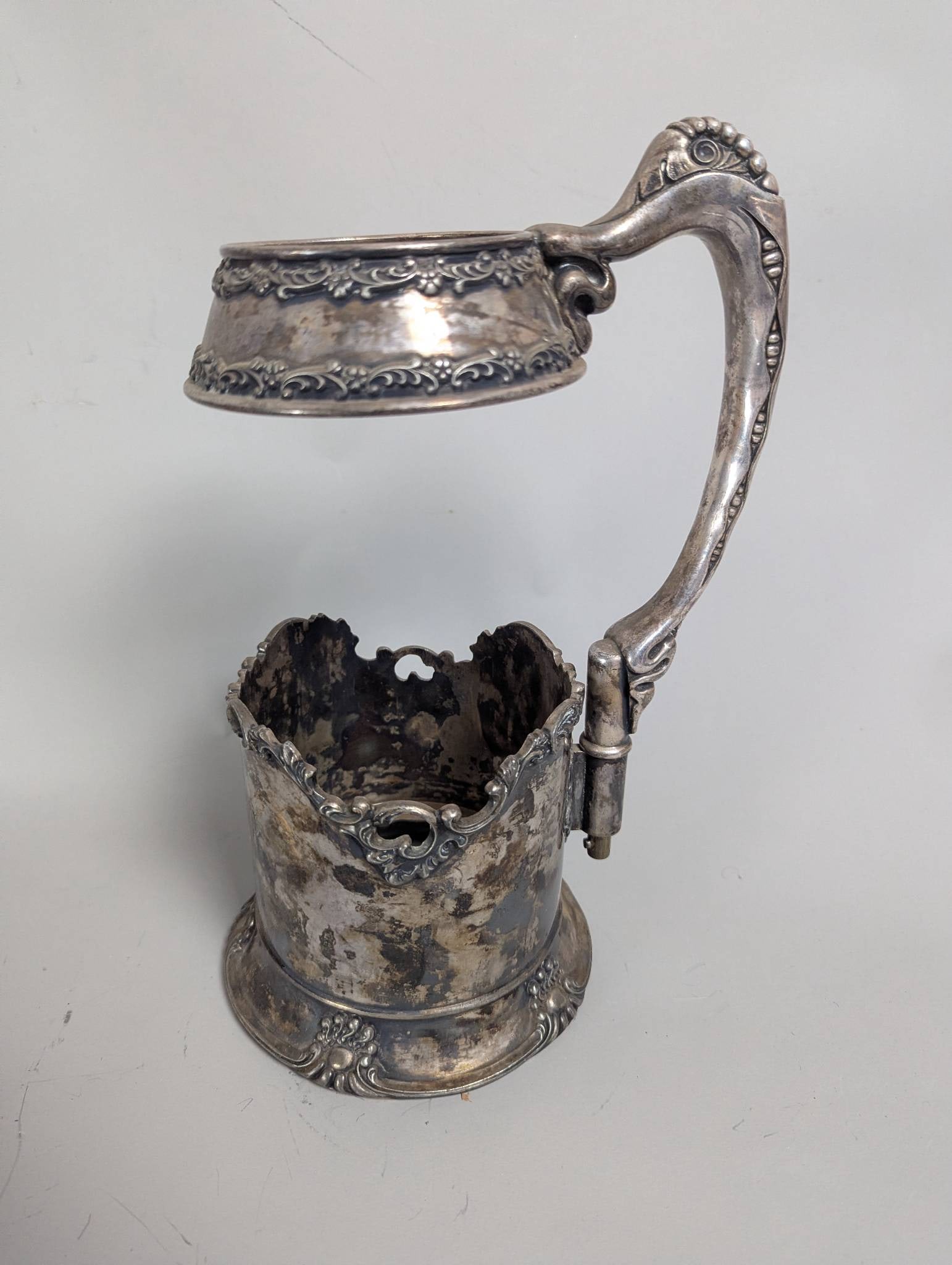 Silver-Plated Beer Stein Holder With Ornate Handle and Monogram - 3