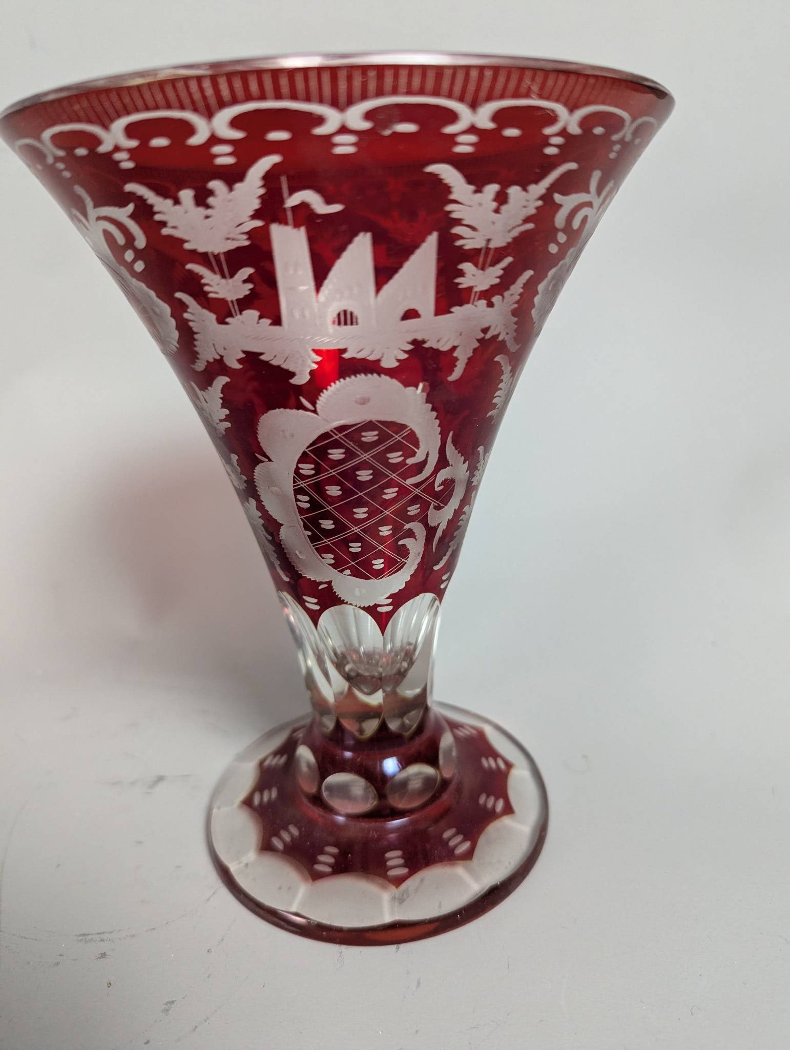 Vintage Bohemian Ruby Cut-to-Clear Glass Vase with Ornate Designs - 3