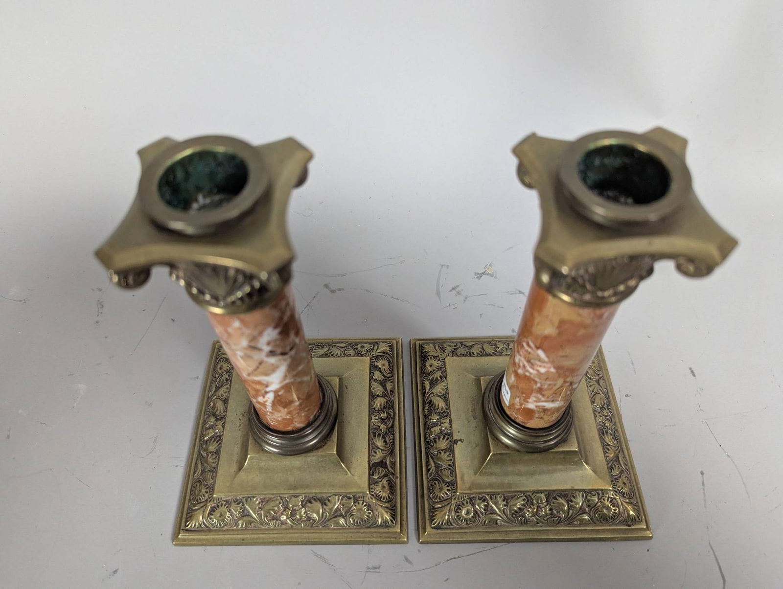 Antique Brass and Marble Column Candlesticks with Acanthus Motifs - 2