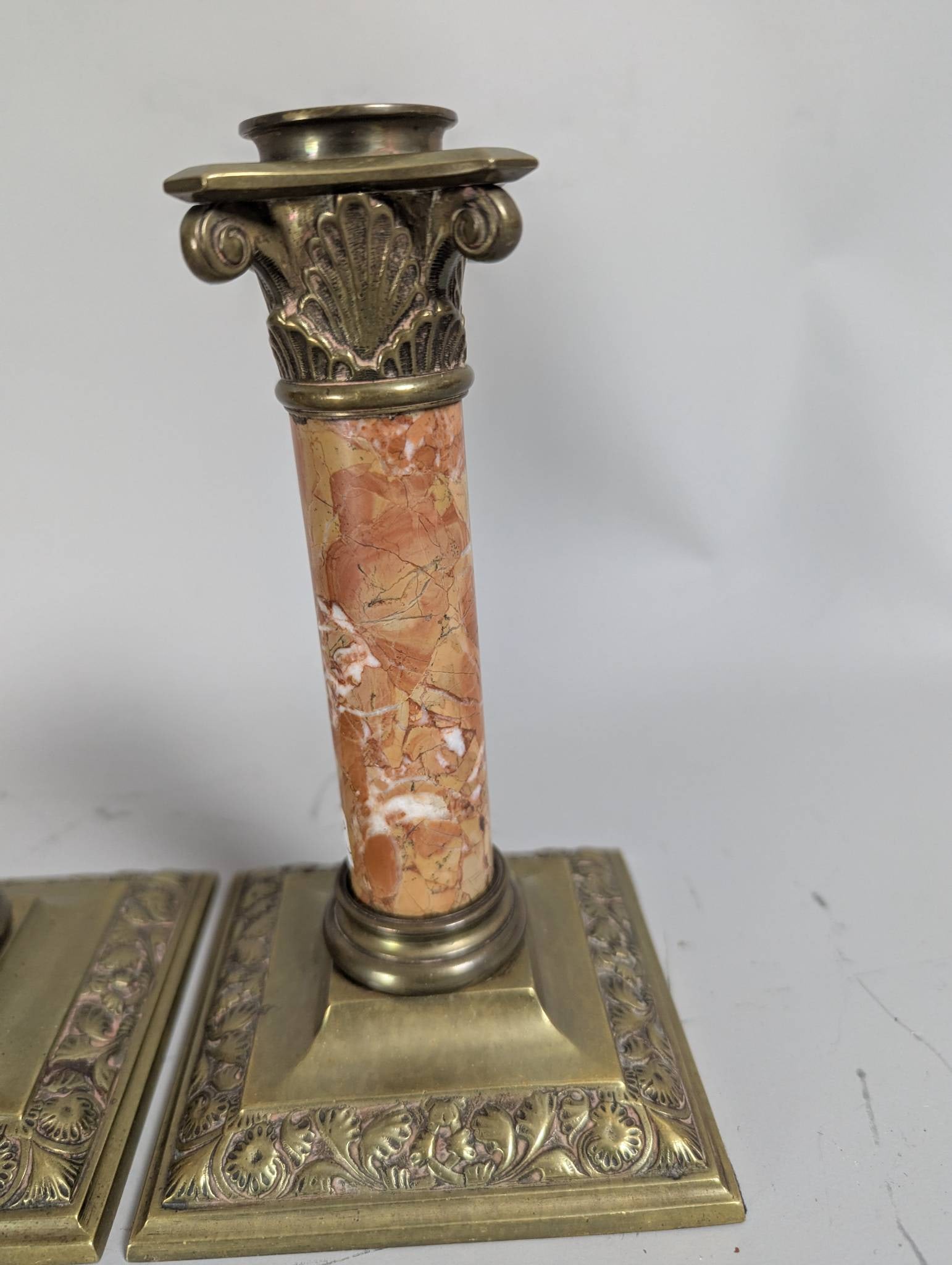 Antique Brass and Marble Column Candlesticks with Acanthus Motifs - 3