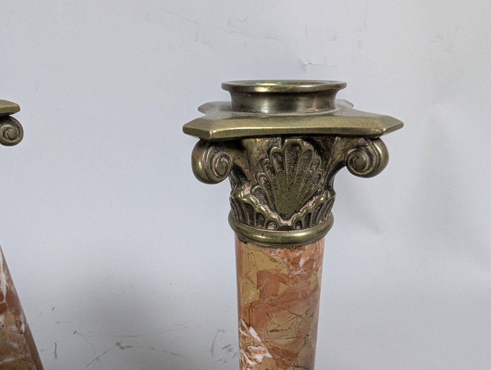 Antique Brass and Marble Column Candlesticks with Acanthus Motifs - 4
