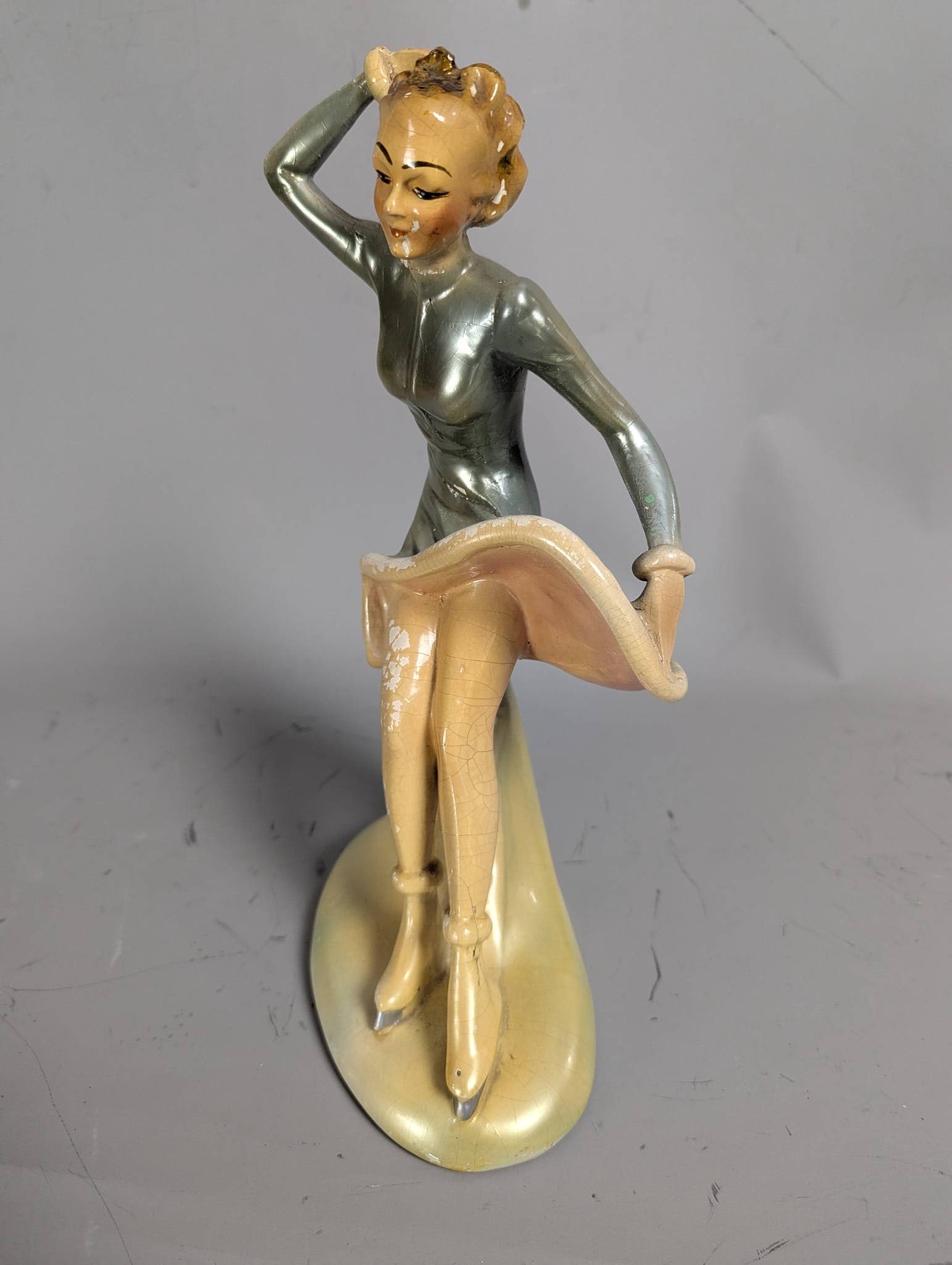 Plaster Art Deco Flapper Girl Figurine with Hand on Head and Raised Dress - 2