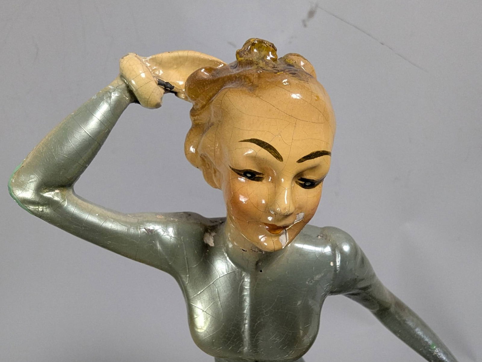 Plaster Art Deco Flapper Girl Figurine with Hand on Head and Raised Dress - 5