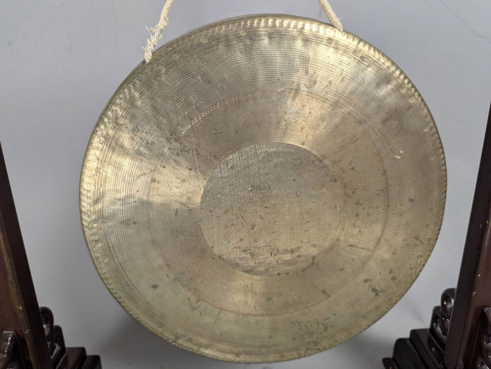 Antique Chinese Brass Gong on Carved Hardwood Stand - 2