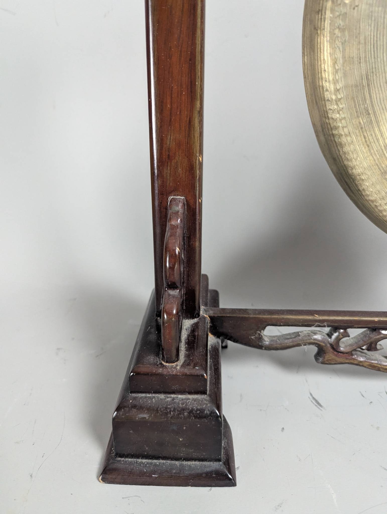 Antique Chinese Brass Gong on Carved Hardwood Stand - 5