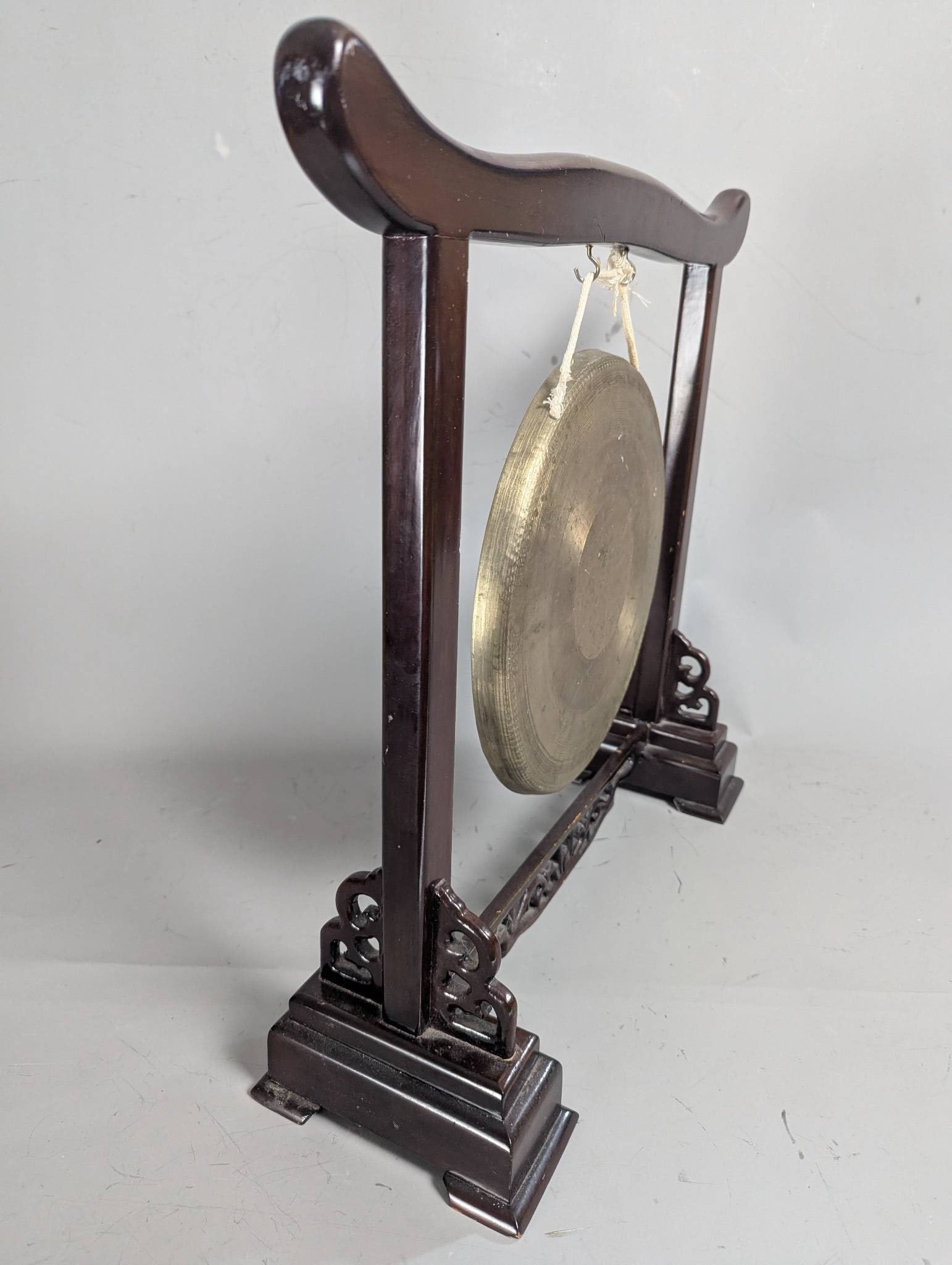Antique Chinese Brass Gong on Carved Hardwood Stand - 6