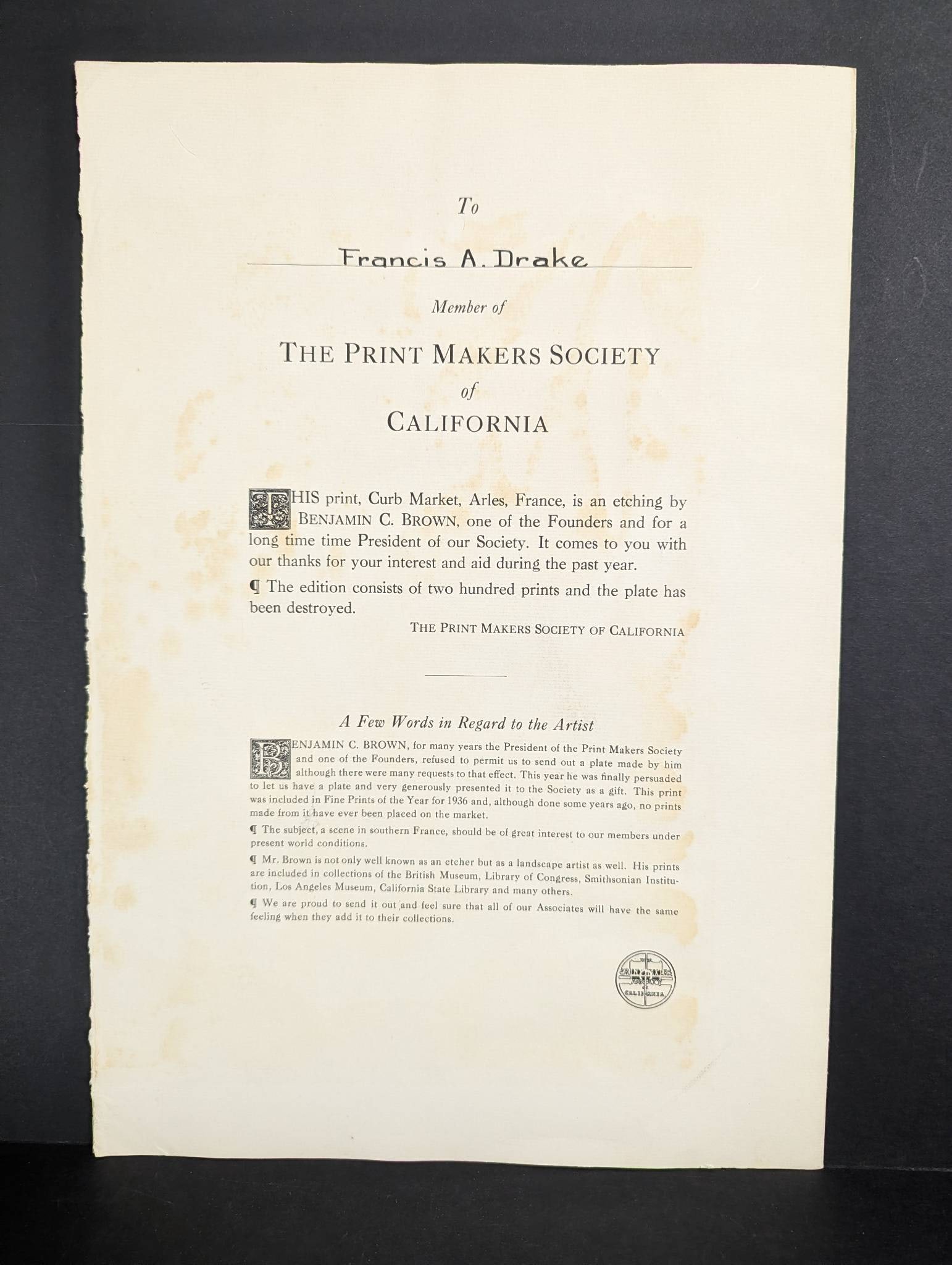 Etching of Curb Market Arles France by Benjamin C Brown - 8