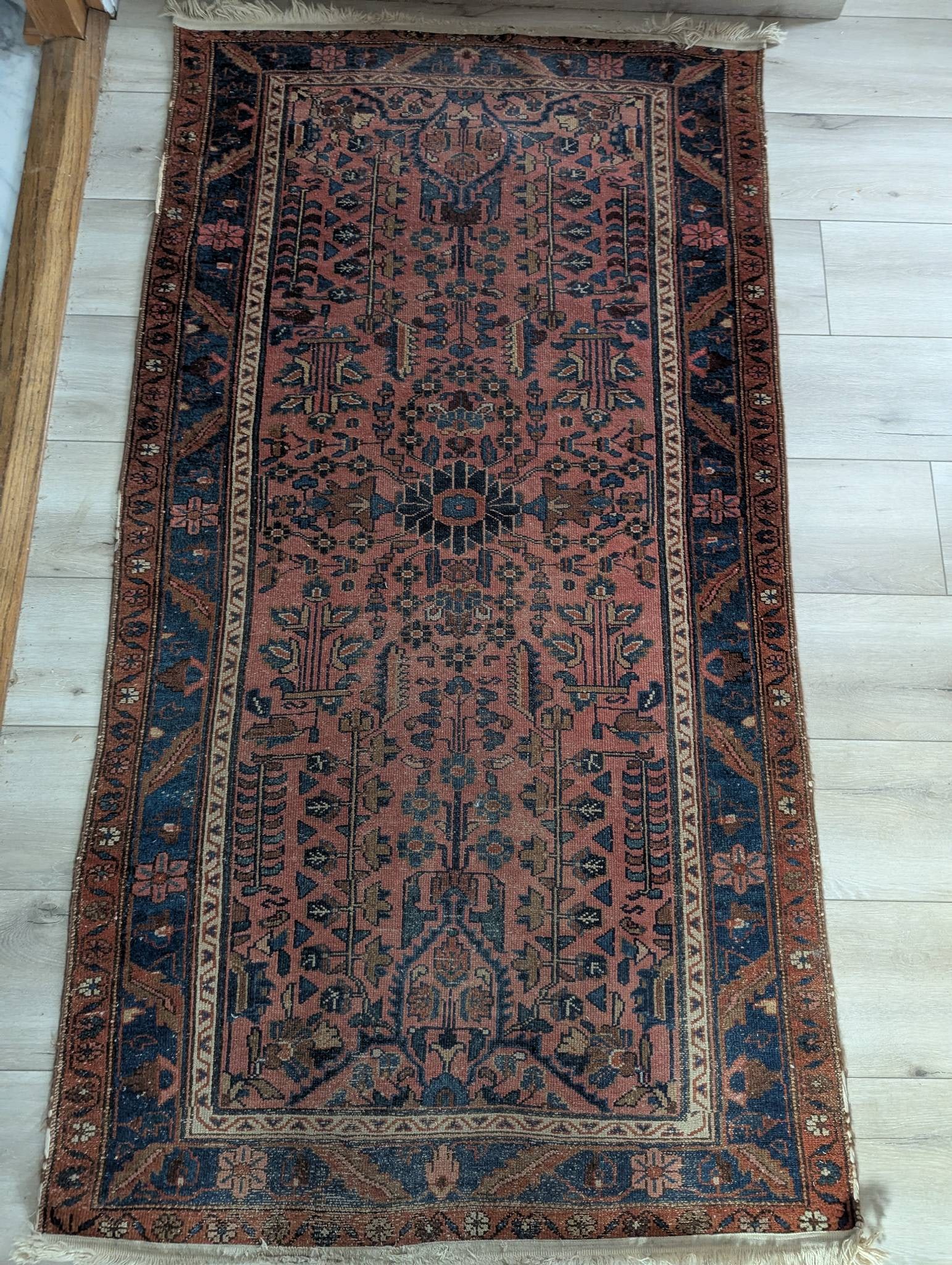 Handmade Persian Hamadan or Afshar Wool Area Rug: Handmade antique Persian Hamadan or Afshar wool area rug, with intricate patterns and a central medallion design. The rug features an array of geometric and floral motifs in warm hues of red, blue,