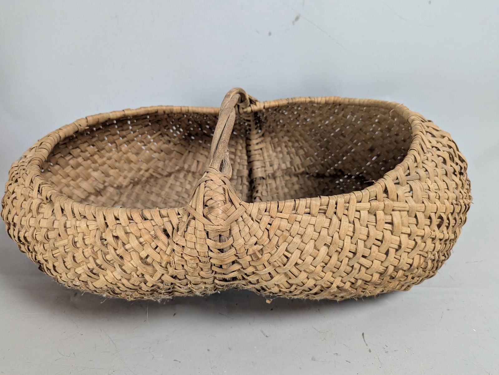 Antique Hand-Woven Buttocks or Gathering Basket with Arched Handle - 4
