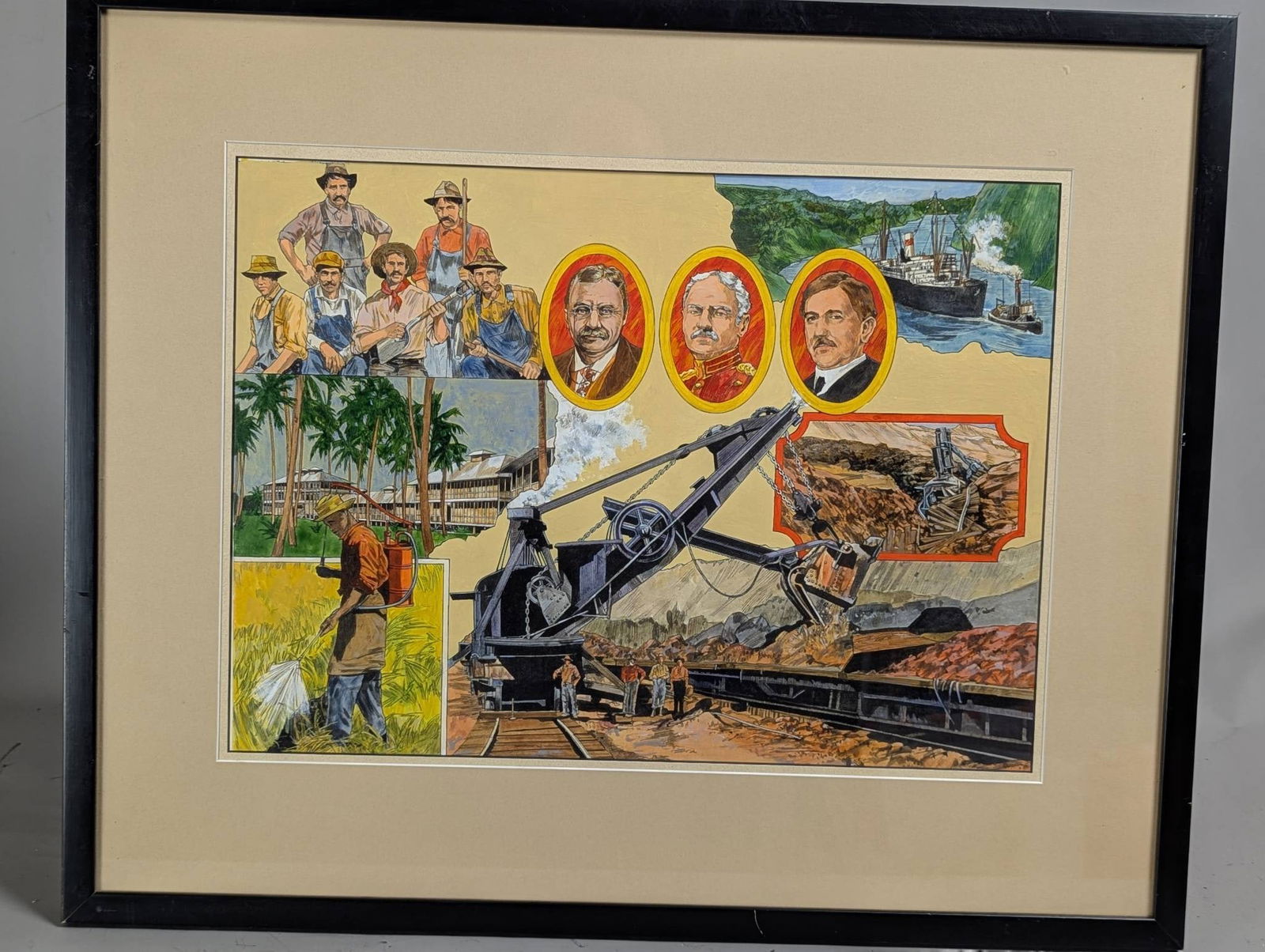 Acrylic on Paper Depicting Various Scenes of Panama Canal Construction in Frame: Acrylic artwork on paper portraying various scenes related to the construction of the Panama Canal. The piece includes depictions of workers, machinery, and significant figures associated with the can