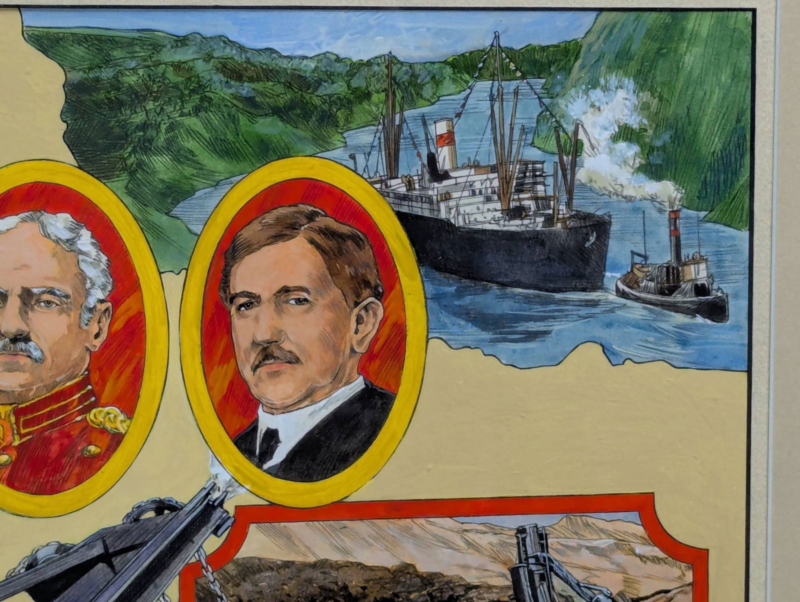 Acrylic on Paper Depicting Various Scenes of Panama Canal Construction in Frame - 5