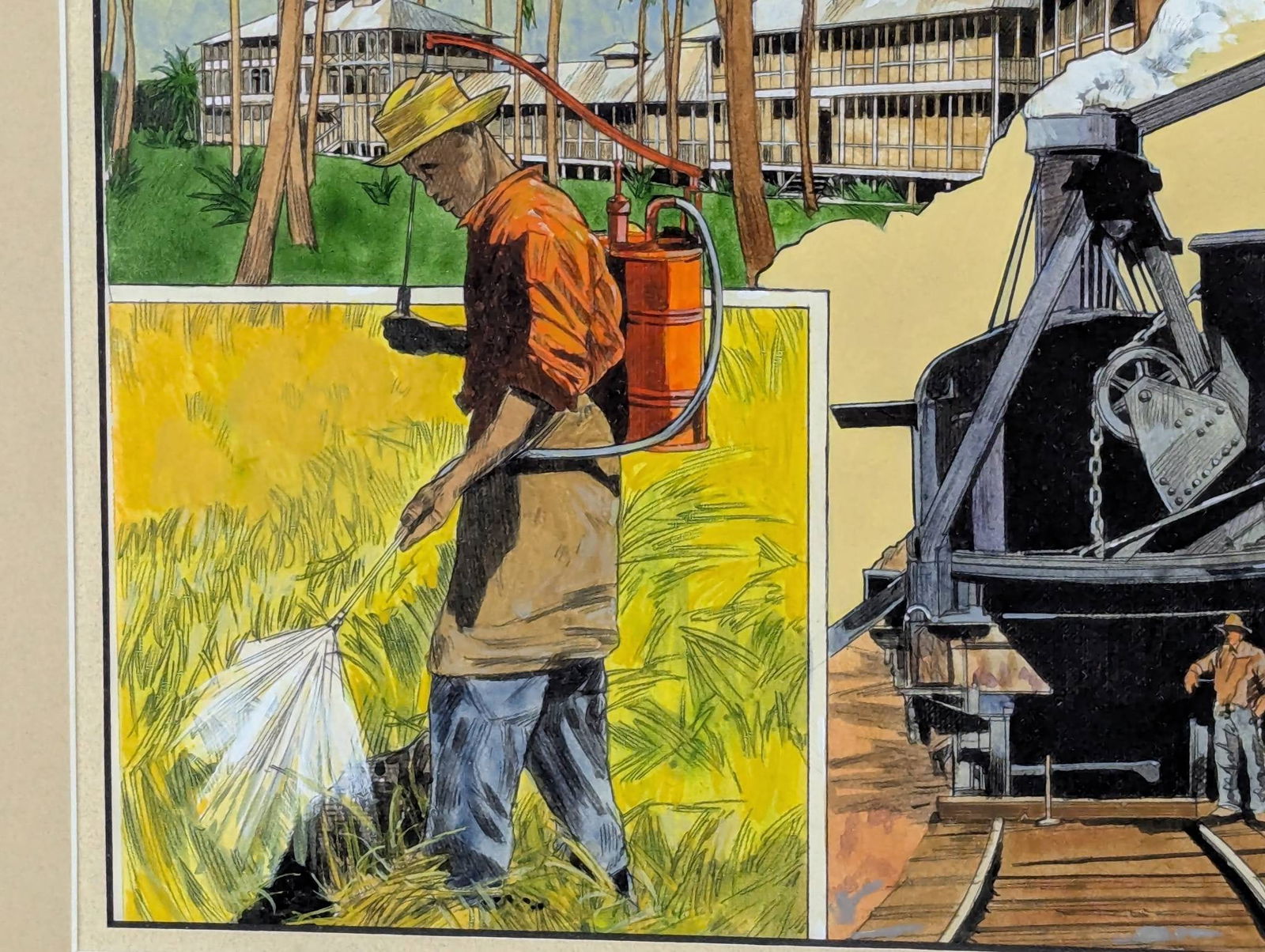 Acrylic on Paper Depicting Various Scenes of Panama Canal Construction in Frame - 6