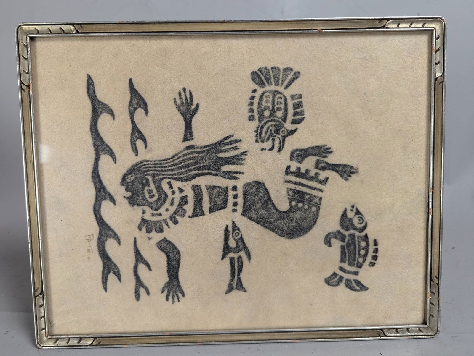 Mid-Century Modernist Tribal Abstract Hand-Pulled Print Signed Patric: Mid-century modernist tribal abstract print signed Patric, rendered using a hand-pulled technique on thick, textured paper. The artwork depicts a figural abstract design in deep green-black ink,