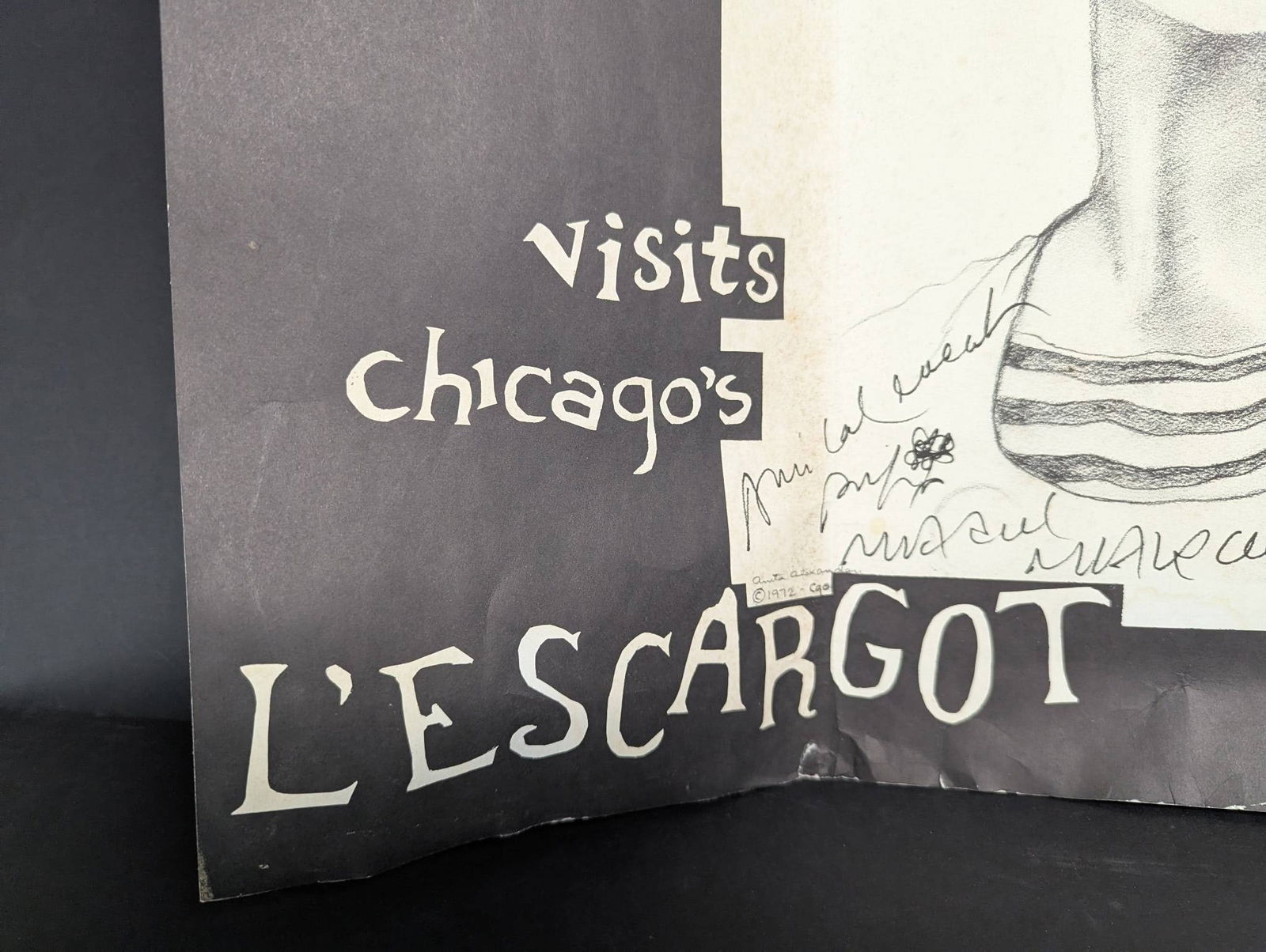 1972 Marcel Marceau Poster Hand-Signed Advertising Lâ€™Escargot Chicago Visit - 6