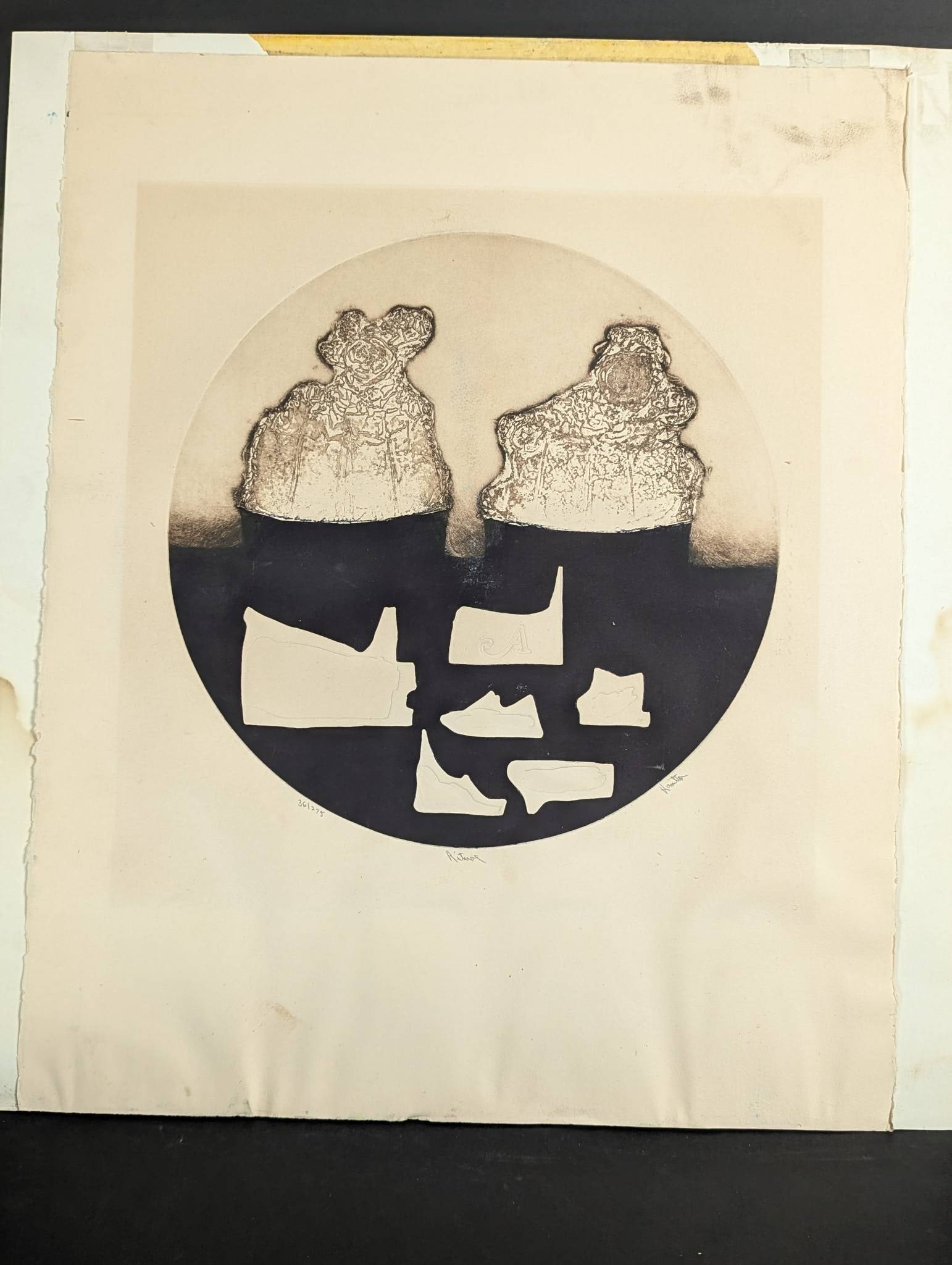 Limited Edition Lithograph Ritual by Hamilton: Limited edition lithograph titled Ritual by Hamilton, numbered 36/275. The artwork depicts abstract forms within a circular composition. It measures 22 inches high by 27 inches wide. The piece exhibit