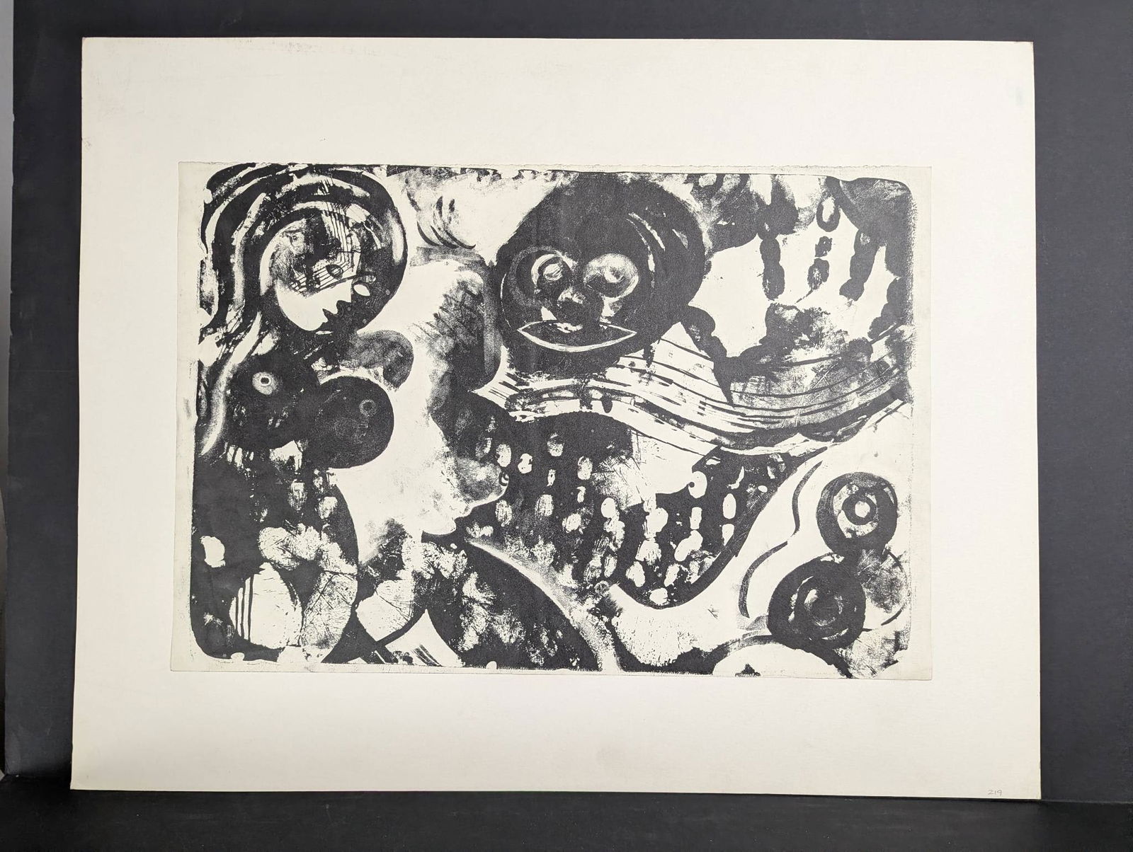 Joan Miro Style Lithograph Marked J Annonay of Abstract Forms: Lithograph in the style of Joan Miro, marked J Annonay on the side. The artwork showcases abstract forms and a monochrome color palette, with dynamic compositions characteristic of surrealist and mode