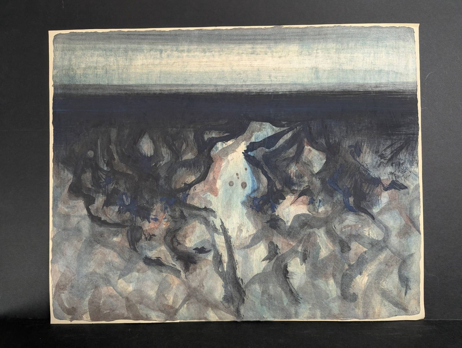 Abstract Watercolor Depicting Organic Forms and Gradient Horizon: Unsigned watercolor artwork featuring an abstract composition with organic forms and a gradient horizon. The piece measures 23 inches high by 18 inches wide, with the artist remaining unidentified. Th