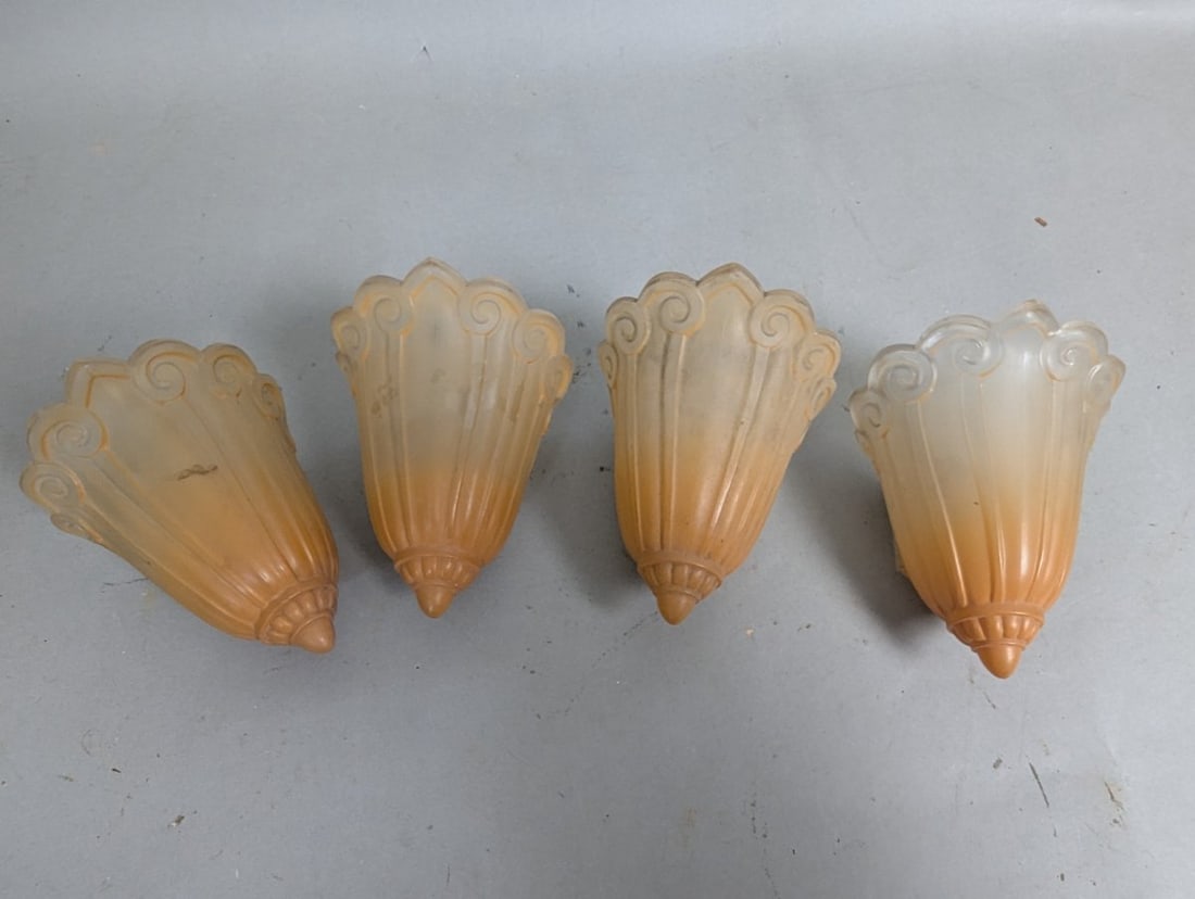 Art Deco Slip Shade Sconce Covers Set of Four Antique Lighting: **Important** Please read below description on how to avoid high shipping costs. Discover this exceptional set of four Antique Art Deco slip shade sconce covers, beautifully designed for charm and ele