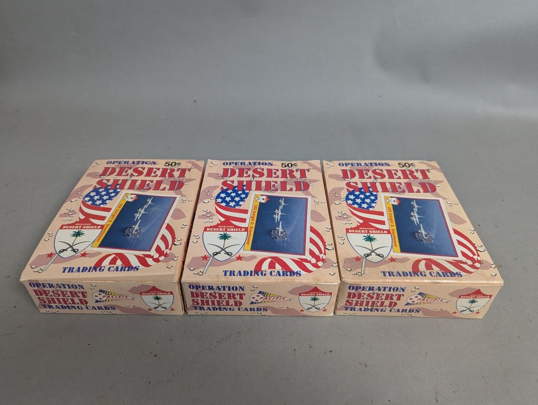Collectible Operation Desert Shield Trading Card Boxes Lot of 3: **Important** Please read below description on how to avoid high shipping costs. This lot features three collectible Operation Desert Shield trading card boxes, measuring 5 1/2 x 7 1/2 x 2. Each box