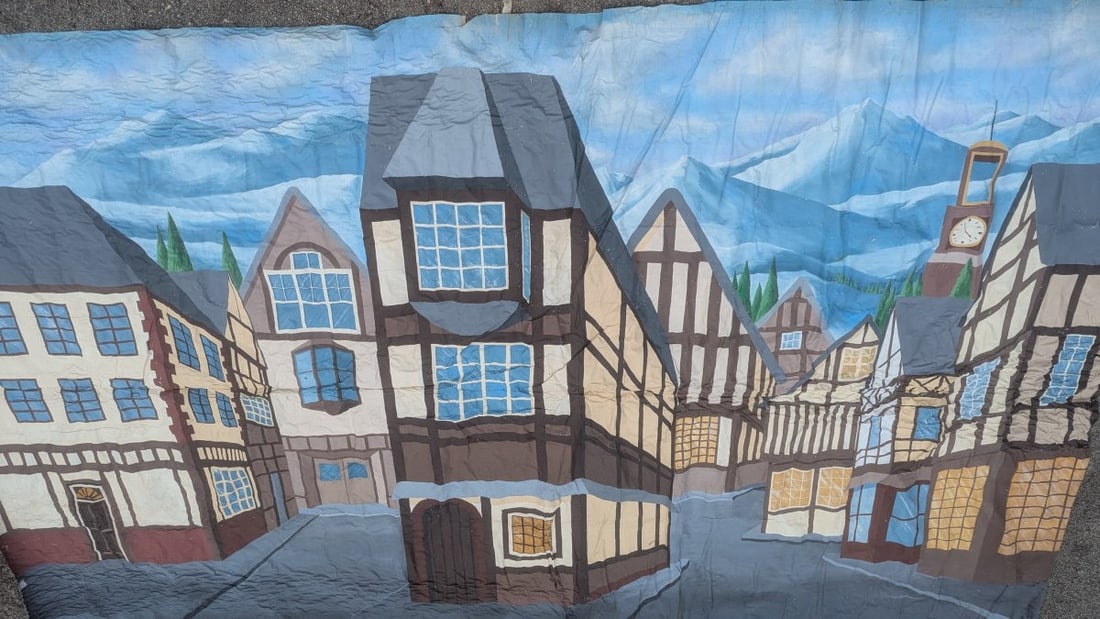 Hand-Painted Bavarian Village Theatre Backdrop Vintage Rustic Decor 11 x 19: **Important** Please read below description on how to avoid high shipping costs. Up for auction is a stunning hand-painted theatre backdrop from the New Bavarian Village, measuring 10'8" x 18'9".