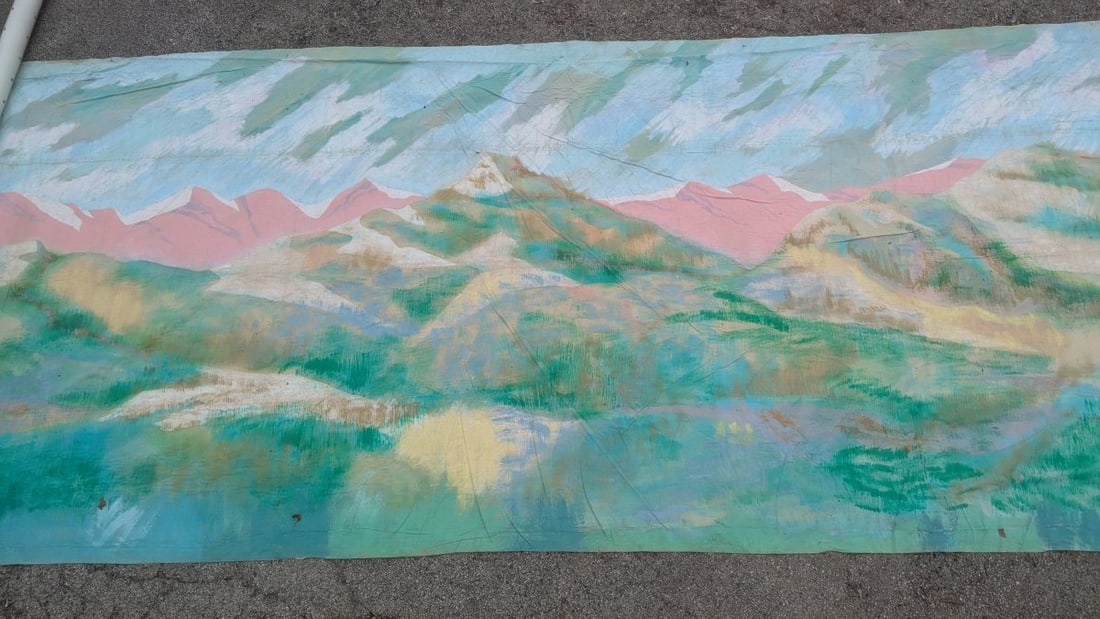Vintage Hand Painted Theatre Backdrop Mountain Scape Unique Decor Art 12x8: **Important** Please read below description on how to avoid high shipping costs. Explore this stunning hand-painted theatre backdrop measuring 19 foot 6 inches x 8 foot, featuring a breathtaking