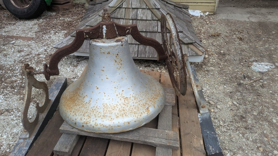 Antique Schoolhouse Cast Iron Bell Vintage 30 Diameter: **Important** Please read below description on how to avoid high shipping costs. Recently taken off school house as shown in photos. The bell has surface rust. 29 high x 30 diameter. Can put on pallet