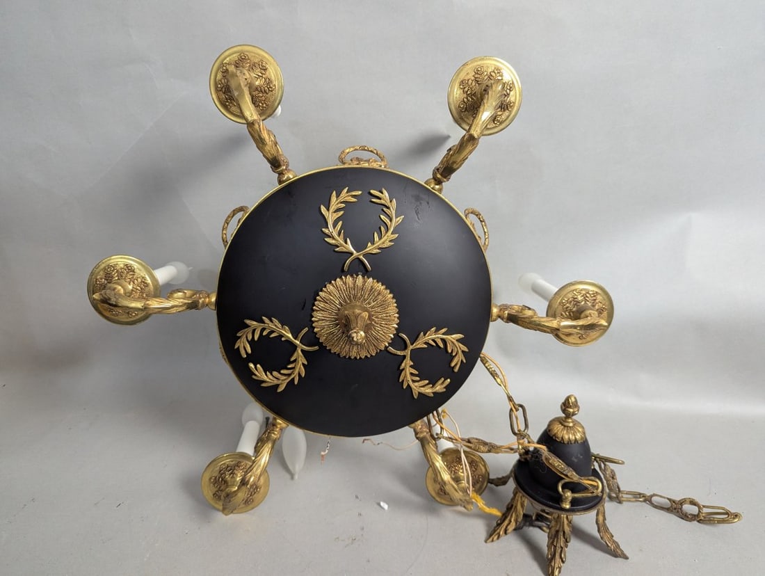 Elegant Vintage Brass and Black Chandelier Classic Decorative Lighting: **Important** Please read below description on how to avoid high shipping costs. This stunning vintage chandelier features a unique combination of brass and black metal, beautifully showcasing