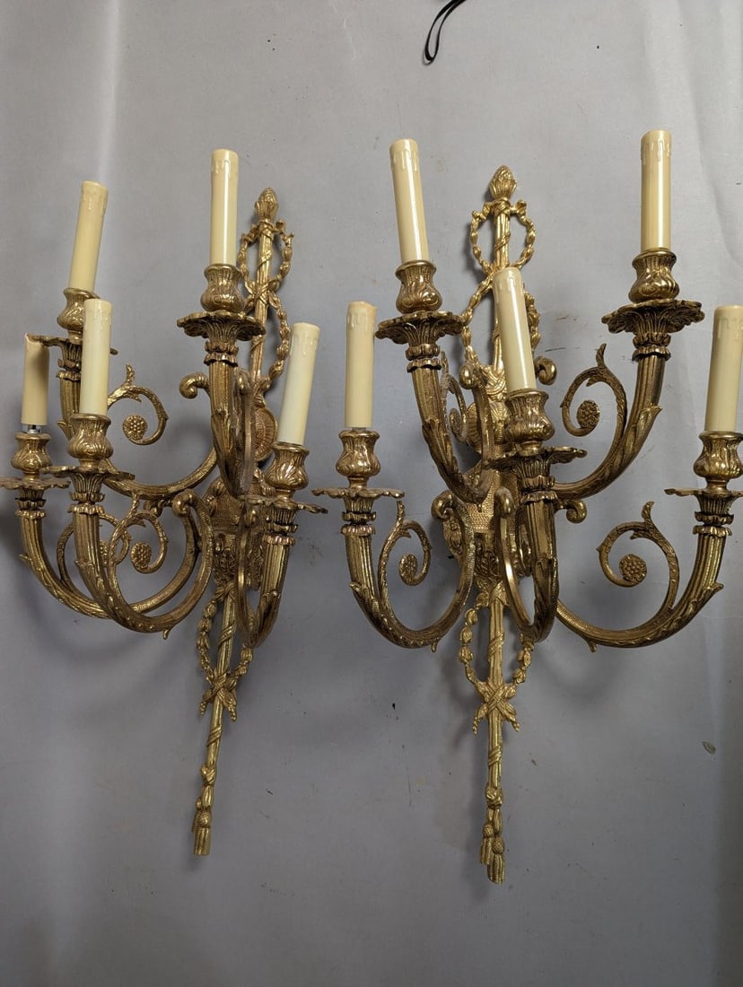 Vintage Louis XV Rococo Revival Brass Wall Sconce Pair 30 High Ornate Design: **Important** Please read below description on how to avoid high shipping costs. Elevate your decor with this stunning pair of vintage Louis XV / Rococo Revival style brass wall sconces. Standing at 3