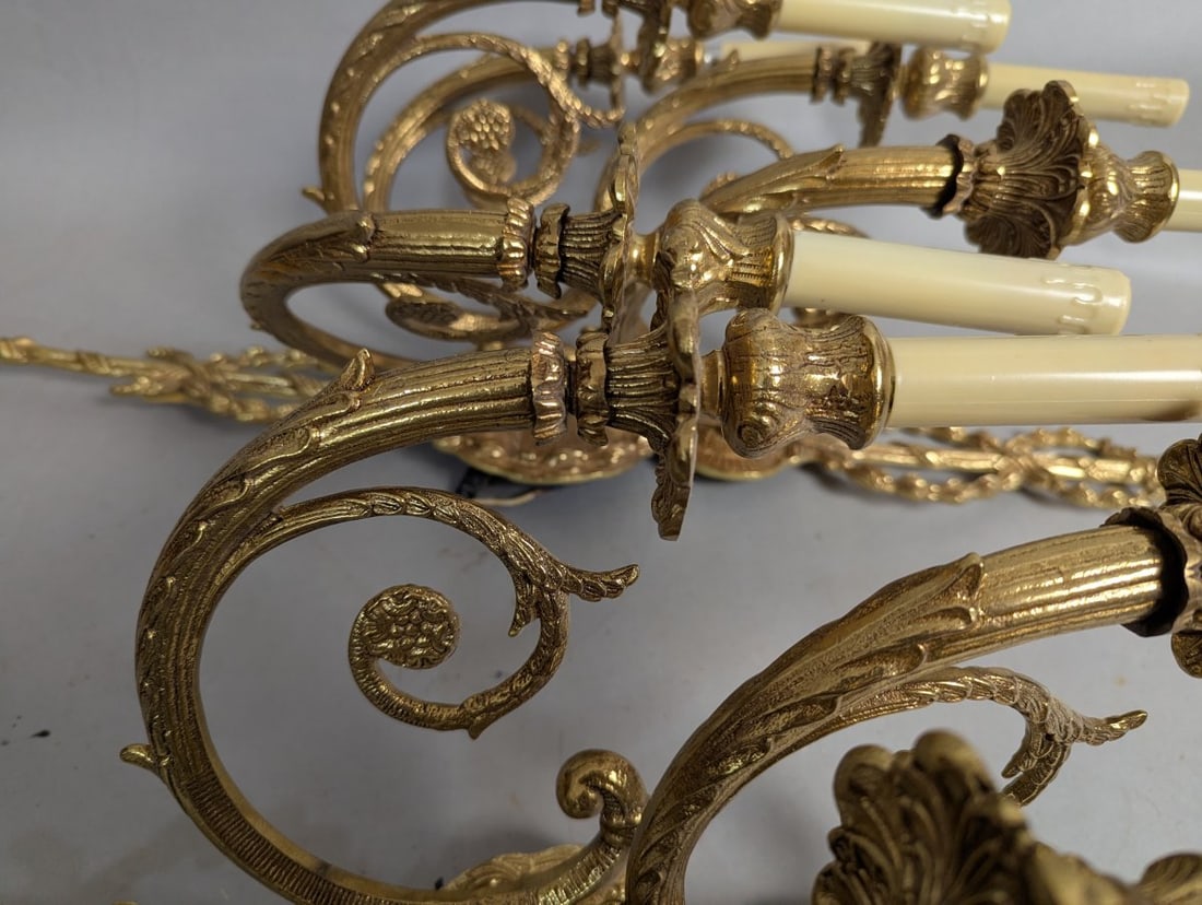 Vintage Louis XV Rococo Revival Brass Wall Sconce Pair 30 High Ornate Design - 6