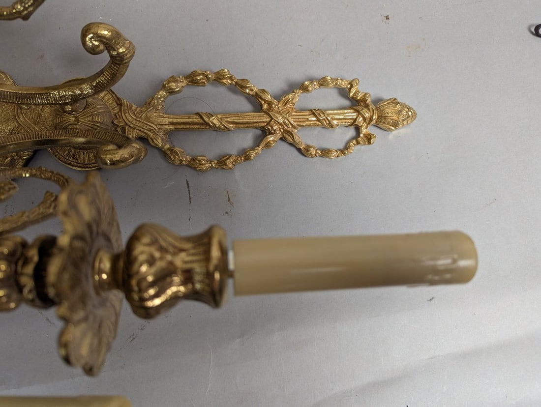 Vintage Louis XV Rococo Revival Brass Wall Sconce Pair 30 High Ornate Design - 7