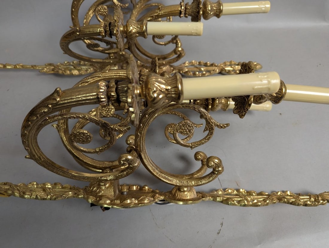 Vintage Louis XV Rococo Revival Brass Wall Sconce Pair 30 High Ornate Design - 8