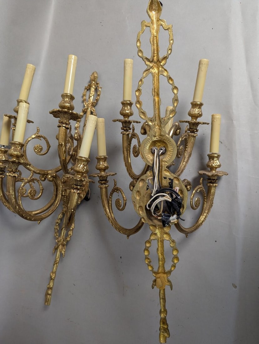 Vintage Louis XV Rococo Revival Brass Wall Sconce Pair 30 High Ornate Design - 9