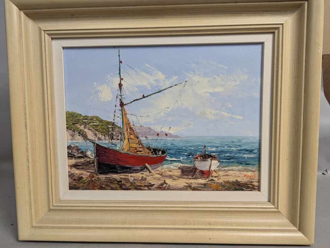 Stunning Seascape with Boats by Hayes Original Oil on Canvas Artwork: **Important** Please read below description on how to avoid high shipping costs. Discover this captivating seascape oil painting by Hayes, measuring 16 x 12 inches with a stunning frame of 23 x 19 inc